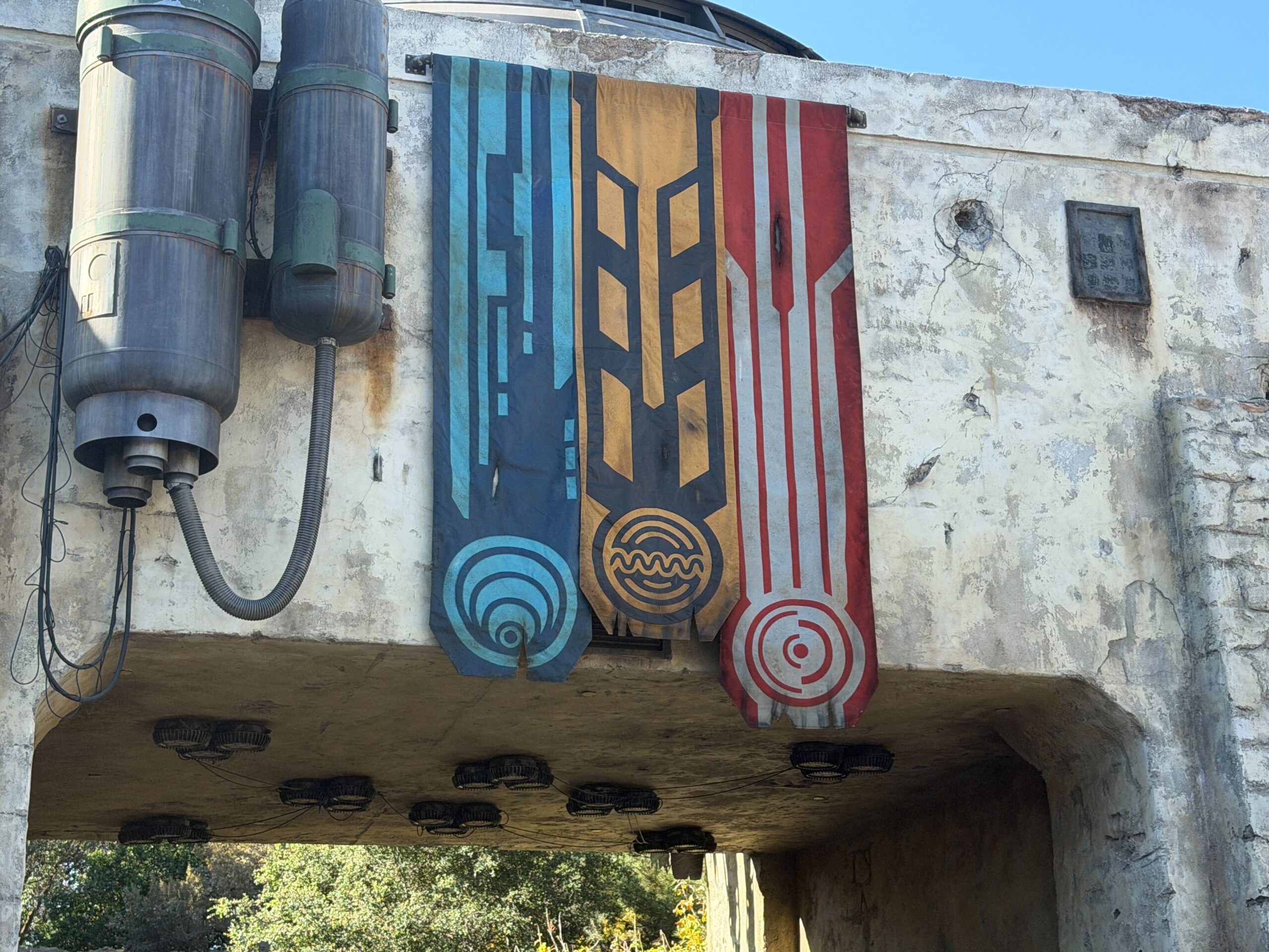 Batuu Settlement Banners Over Original Trilogy Area in Star Wars: Galaxy's Edge in Disneyland