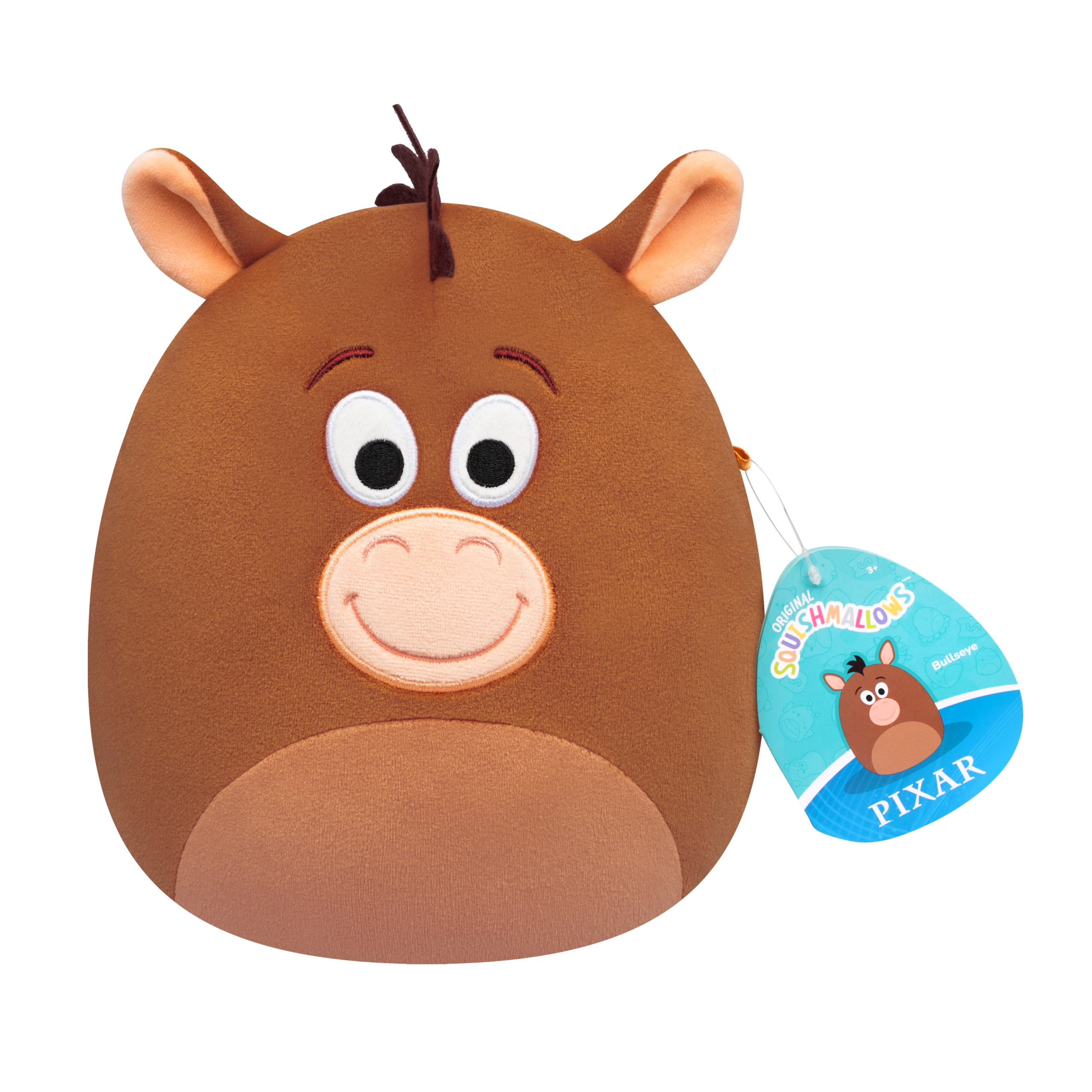 Most of the Bullseye Squishmallow is a rich brown with some ivory and light brown details throughout. His facial features are embroidered. Bullseye's ears and mane come off of the main body of the toy.