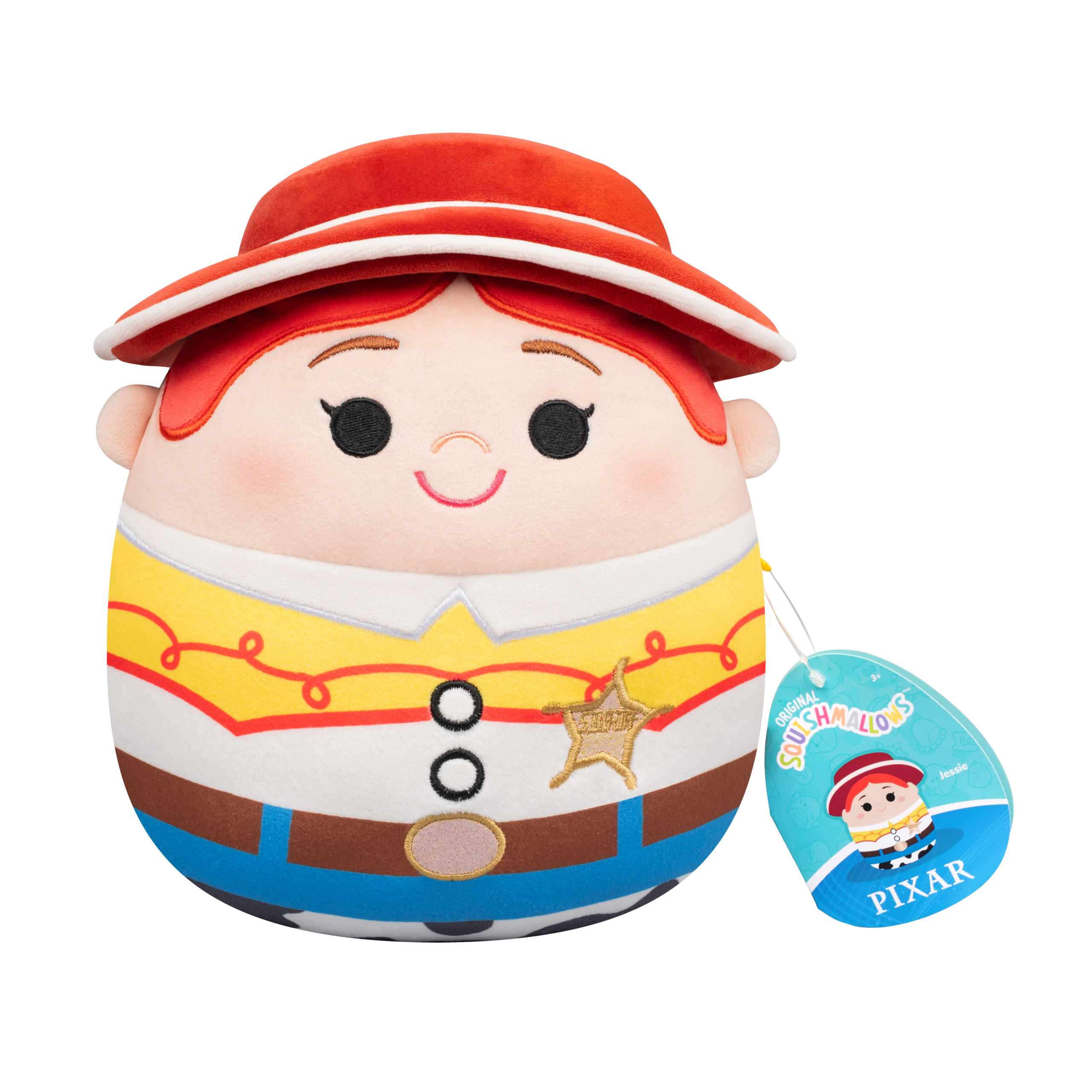 The first of the smaller Squishmallow toys, Jessie is in her usual cowgirl outfit. Her red hat is a 3D element that comes off the top of the toy. Her cheeks have a slight blush and her facial features are simple and embroidered. She is also wearing a sheriff's badge.