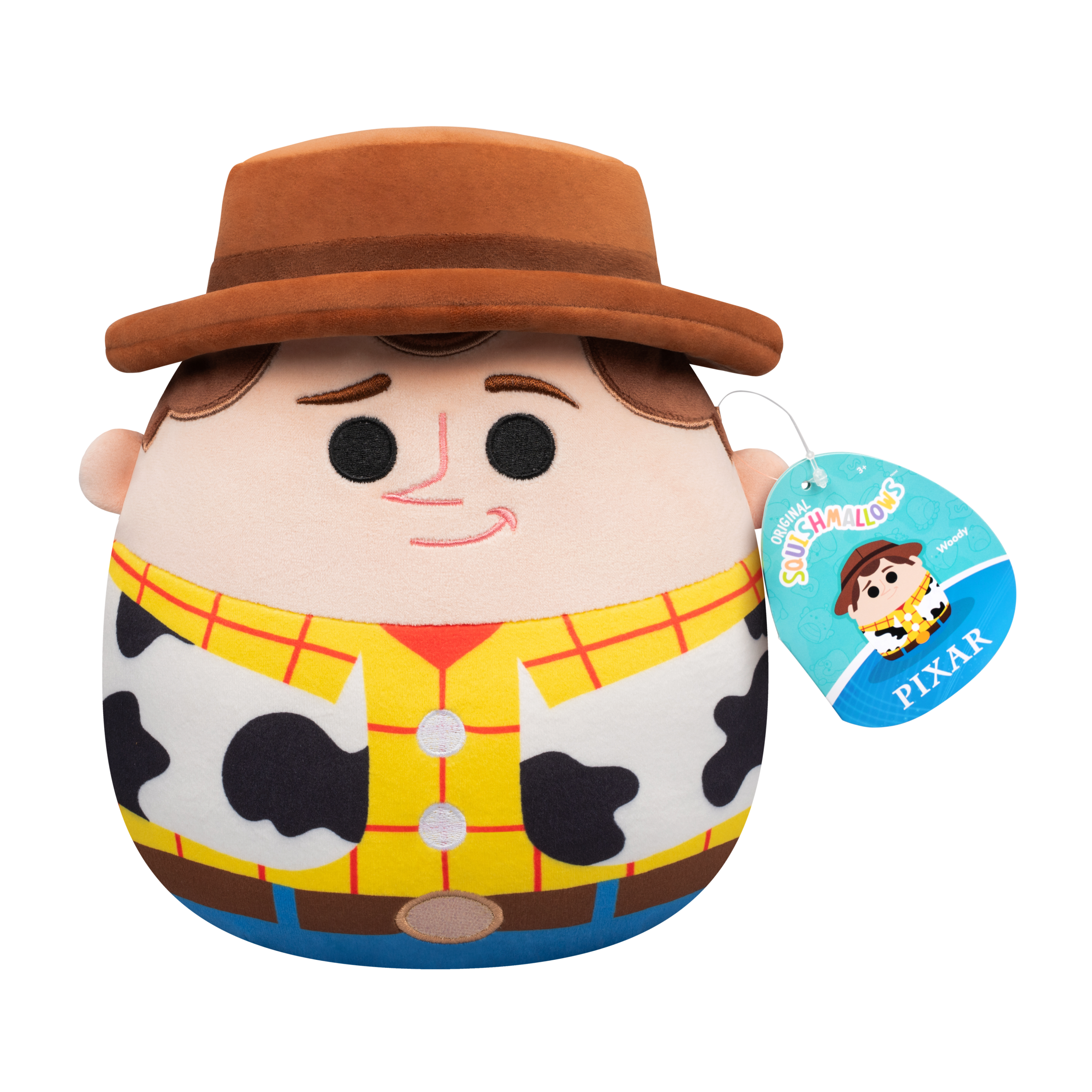 Woody also has a 3D hat that sits on top of the main body of the Squishmallow toy. He is wearing his outfit, and his facial features, including a smirk, are embroidered.