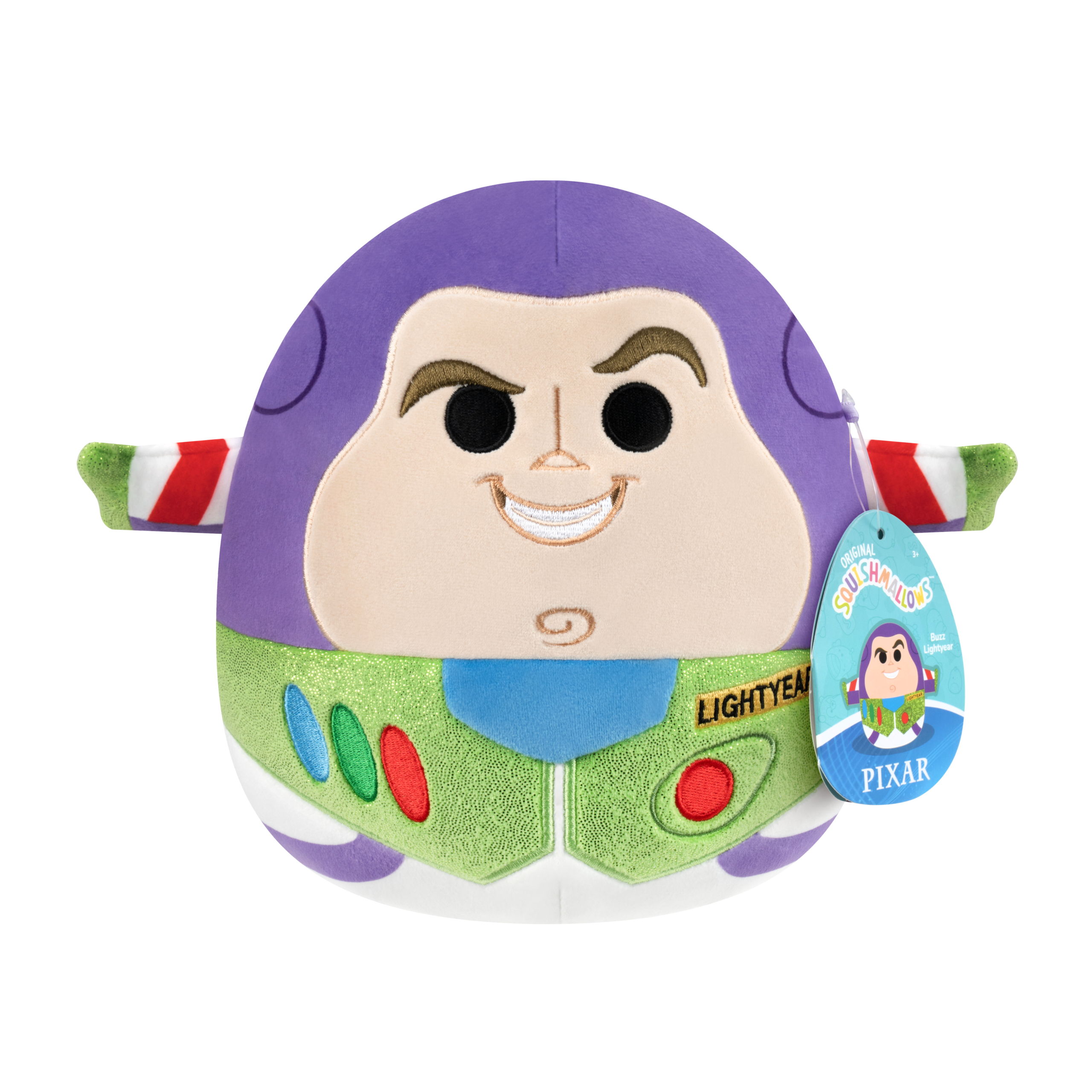 Finally, the Squishmallow of Buzz Lightyear has the space ranger looking confident with a big smile and a cocked eyebrow. He is in his space ranger uniform, and the wings of his jetpack stick out from either side of the toy.