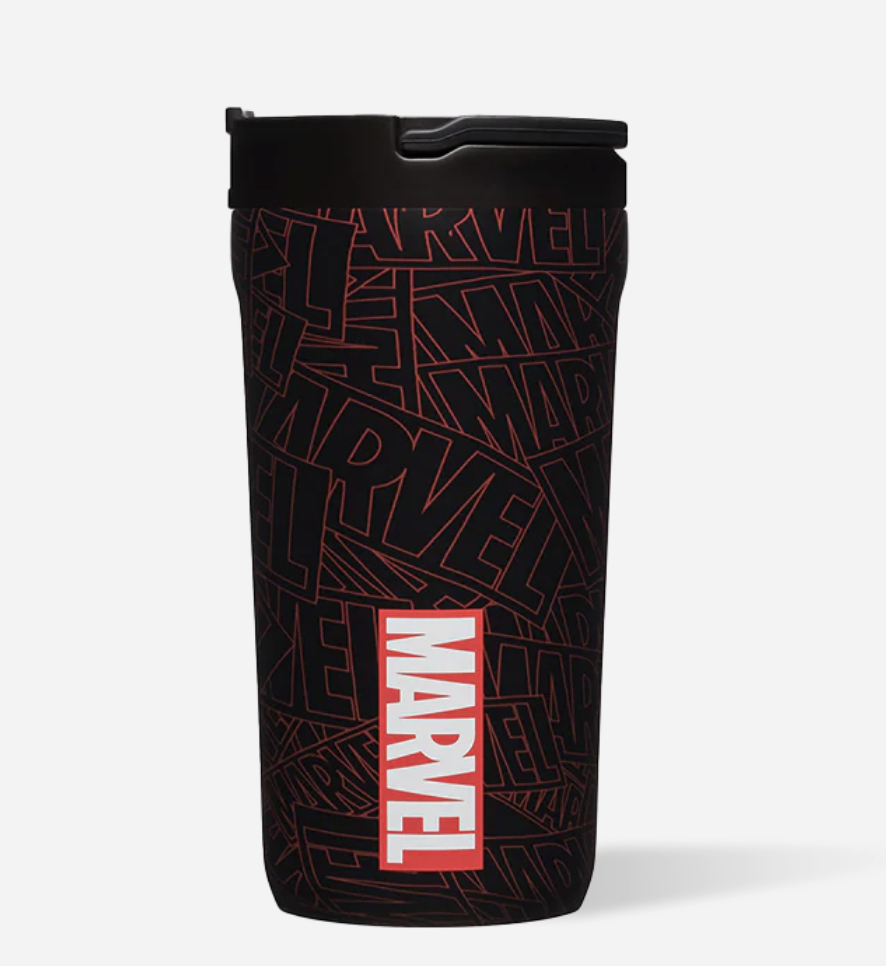 This black cup is covered in red Marvel logo outlines. The solid red and white Marvel logo is at the bottom center of the cup.