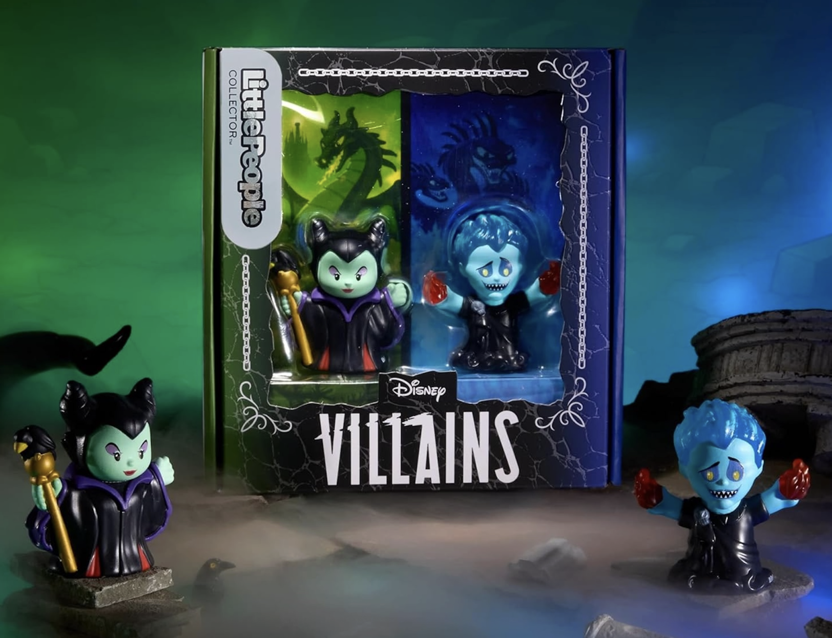 A special edition set from Little People featuring a figure of Hades with fire in his hands and Maleficent with her staff and crow, Diablo.