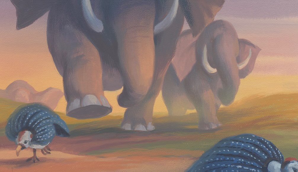 The birds in the final cut looked a little bit different, but fairly close to the concept art above as they scatter from the elephants walking.