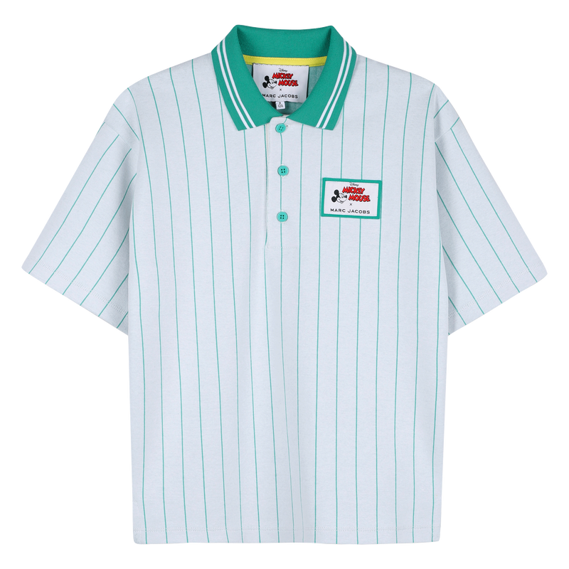 This white polo with vertical green stripes matches the top of the dress above, but it has a collaboration patch on the left side of the chest and no crossbody bag image.