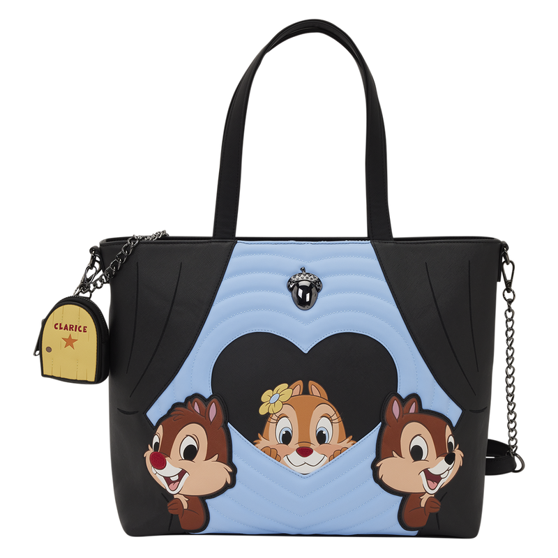 From the same short, this tote/crossbody bag has Chip and Dale holding back a black curtain. Behind the curtain, in a heart cutout, is Clarice peeking her head out. The stage around her is blue with images of the heart shape getting bigger and bigger. A silver acorn metal applique sits above her head.