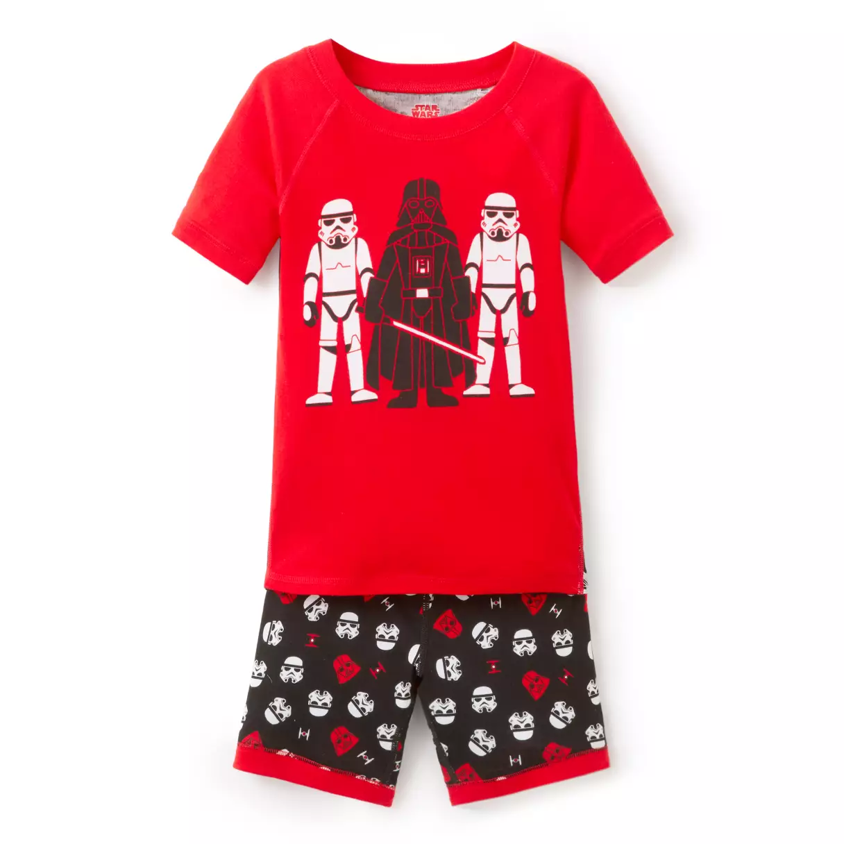 With the same pattern on the shorts, this youth pajama set has a red shirt featuring Darth Vader and two Stormtroopers on it.