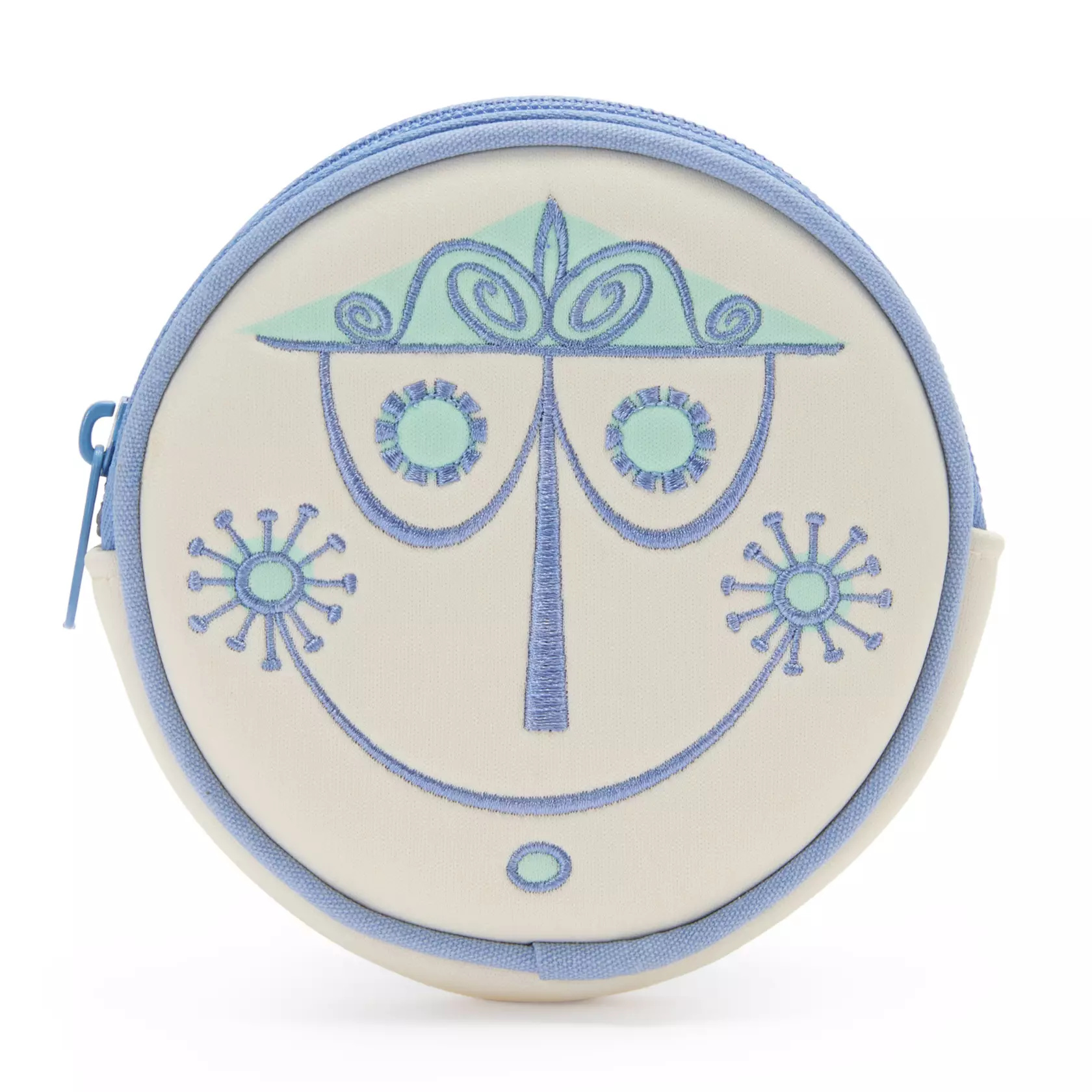 The circular pouch features the clock’s face in periwinkle and teal colors.