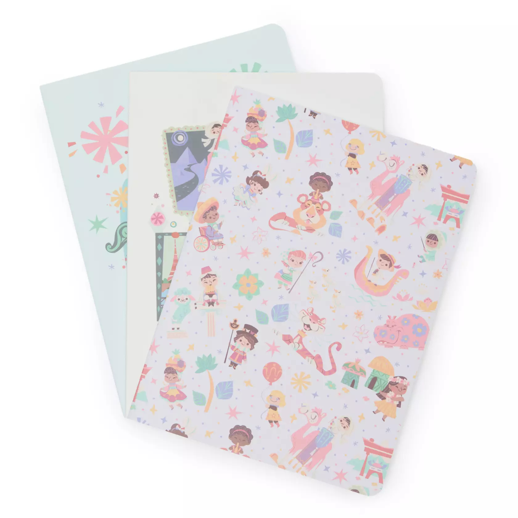 The set of three journals feature ''it's a small world'' character art on the outside and inside. There are 96 sheets of paper in each journal.