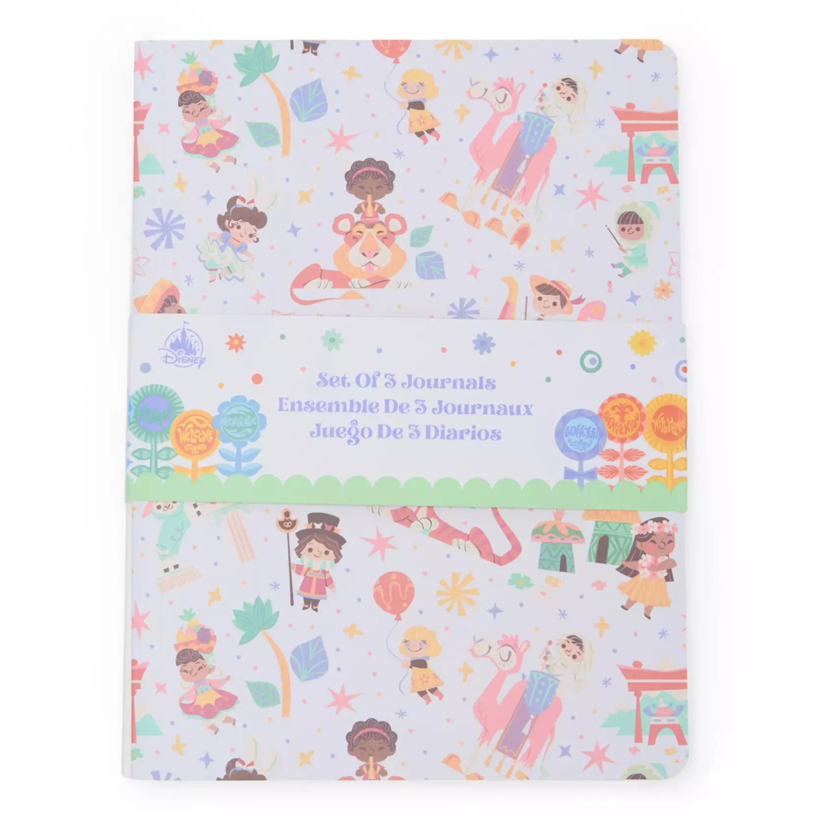 The set of three journals feature ''it's a small world'' character art on the outside and inside. There are 96 sheets of paper in each journal.