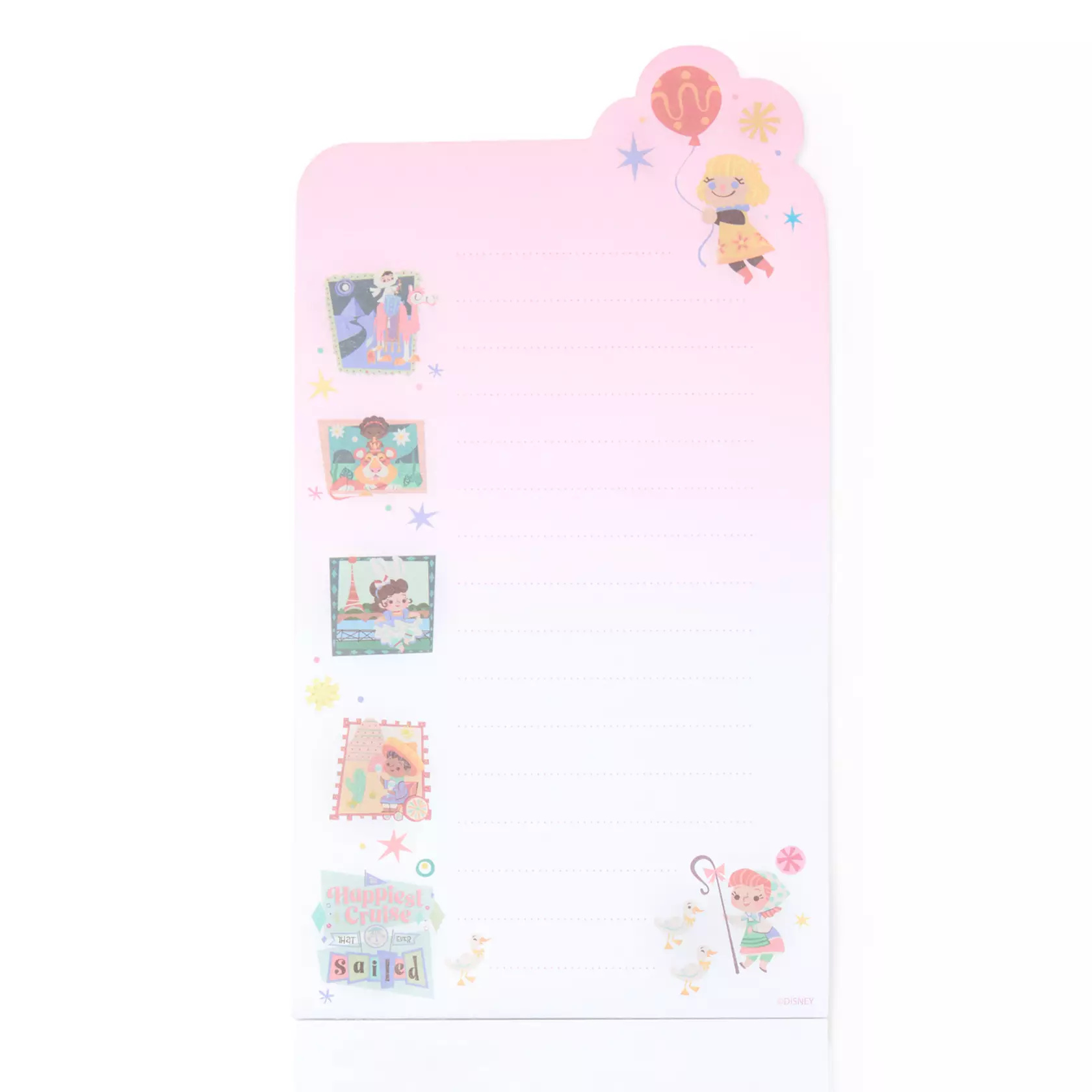 This set of three notepads has characters, stars, and other objects from the attraction. There are dotted lines on the pages.