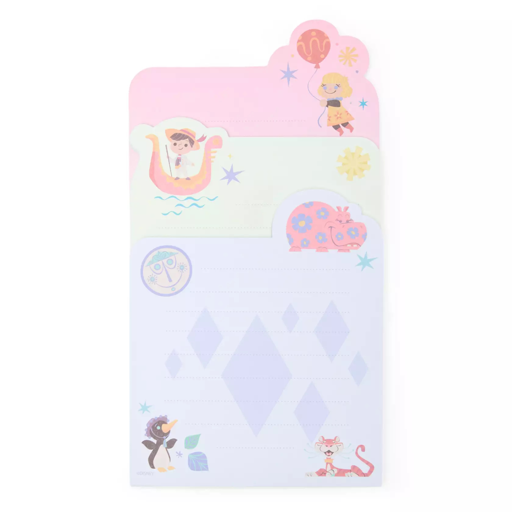 This set of three notepads has characters, stars, and other objects from the attraction. There are dotted lines on the pages.