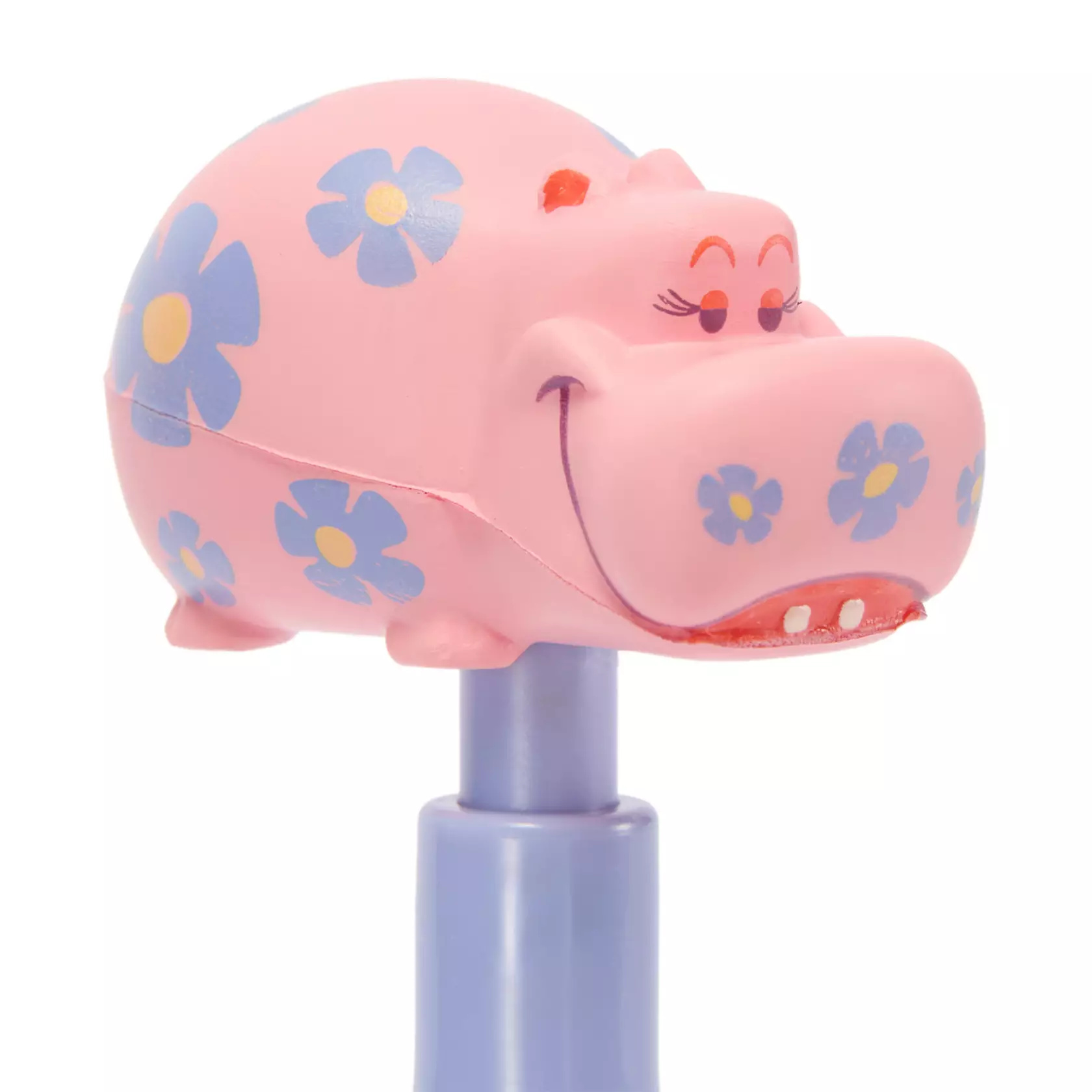 A purple pen with different animals surrounding the barrel is topped with a hippo.