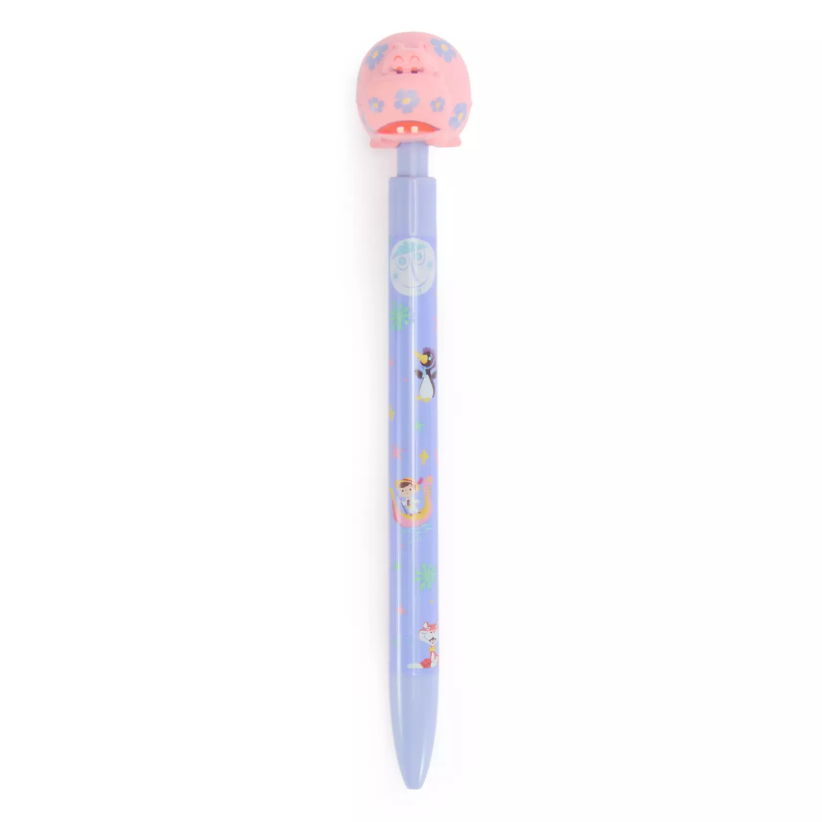 A purple pen with different animals surrounding the barrel is topped with a hippo.