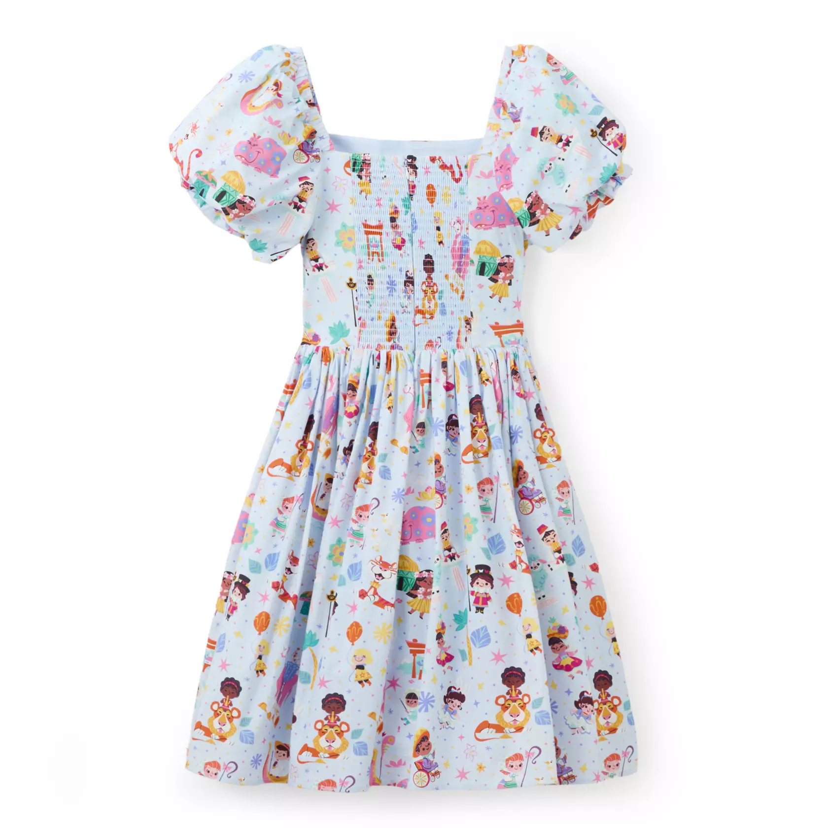 The dress has an allover pattern featuring characters from the attraction and a square neckline. It has puffy short sleeves, a full skirt, and an elastic back and sleeves.