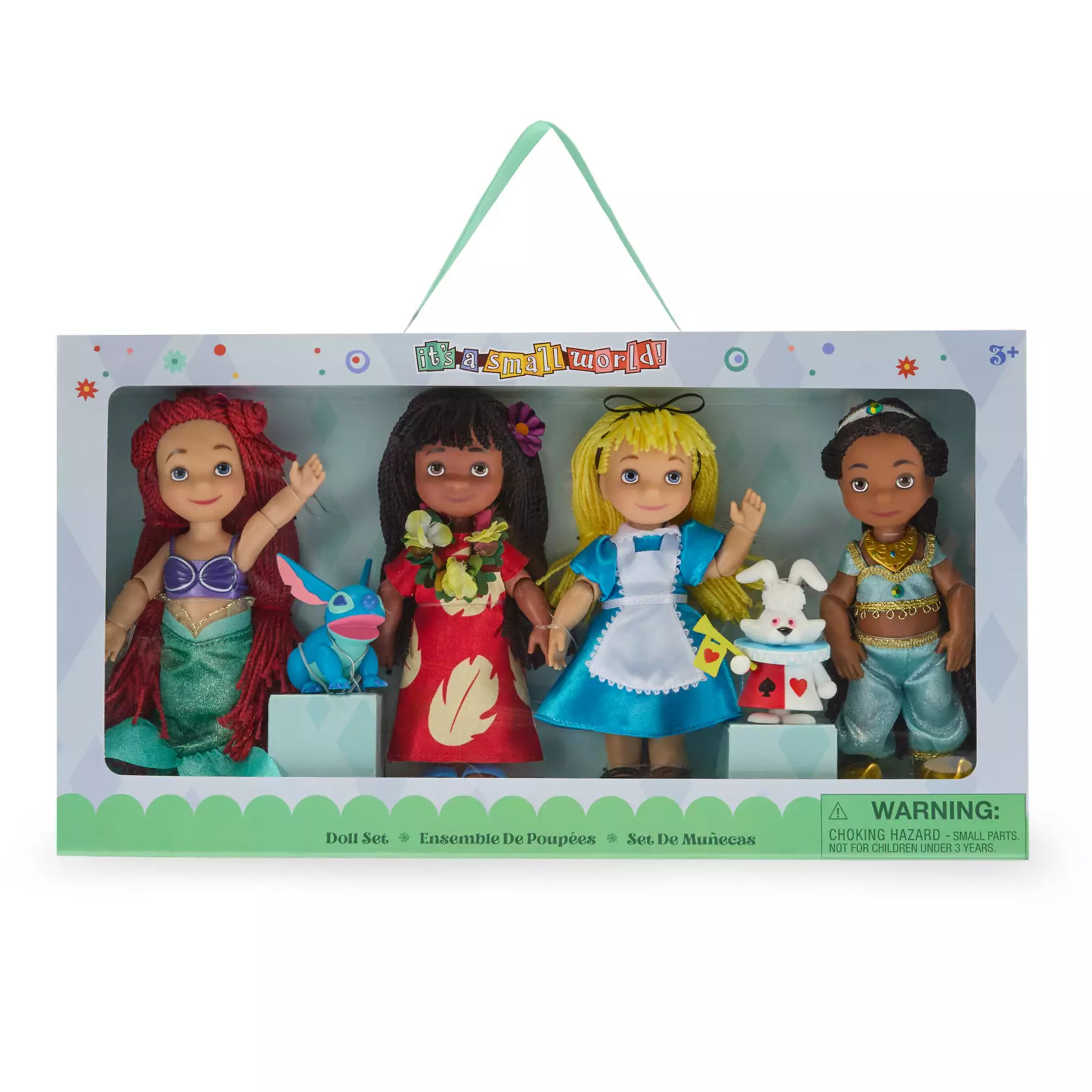 The doll set includes Ariel, Lilo, Stitch, Alice, the White Rabbit, and Jasmine. These dolls are found in various scenes of Disneyland’s version of the attraction, which were added beginning in 2008. The dolls are 5 1/2" tall.