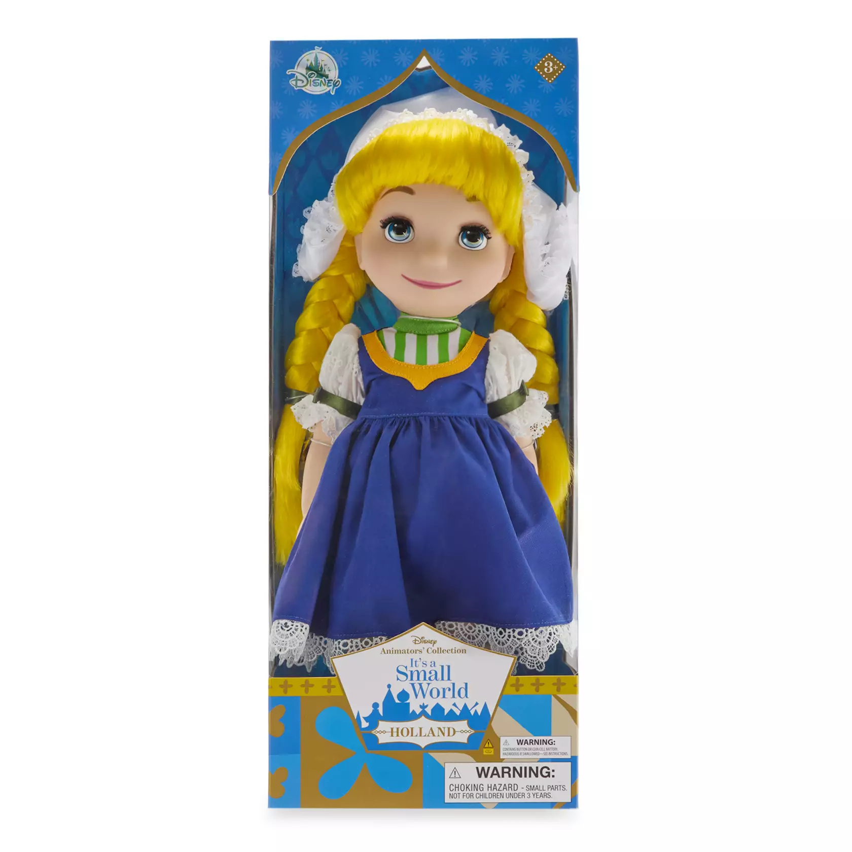 The 15" doll wears a traditional folk costume, which includes a blue twill dress and white hat. Press her tummy to hear the doll sing ''it's a small world'' in both Dutch and English. The On/Off switch is located on the doll's left side. It also comes in collector's display box.