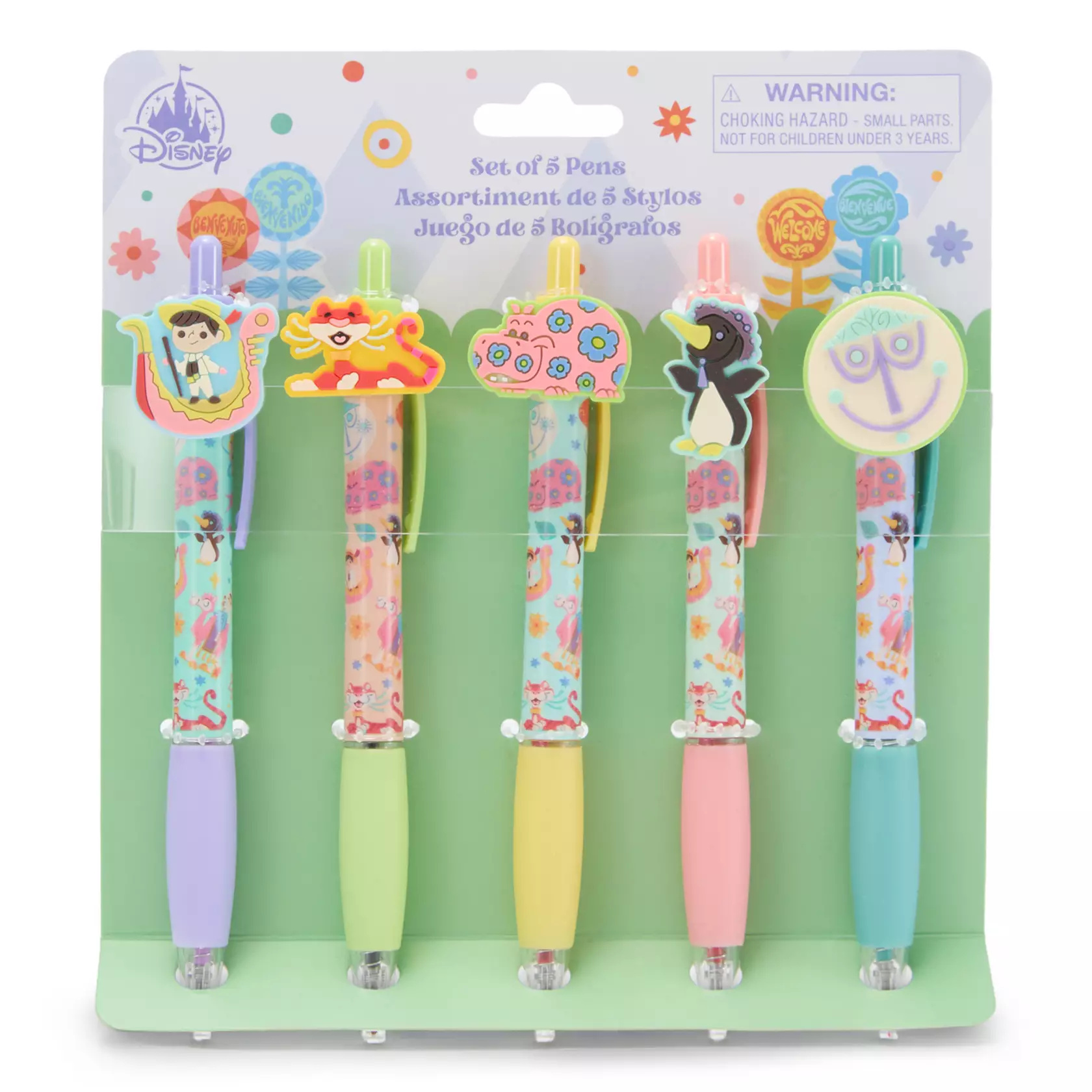 There are five pens in the set. The first has a teal barrel, a purple grip, and a child in a gondola. Second is the tiger on a peach barrel and green grip. Next is the pink hippo. It comes with a light blue barrel and a yellow grip. The penguin is featured on another pen with a pink grip and a light blue barrel. And the clock’s face is on the final pen. It has a purple barrel and a teal grip.