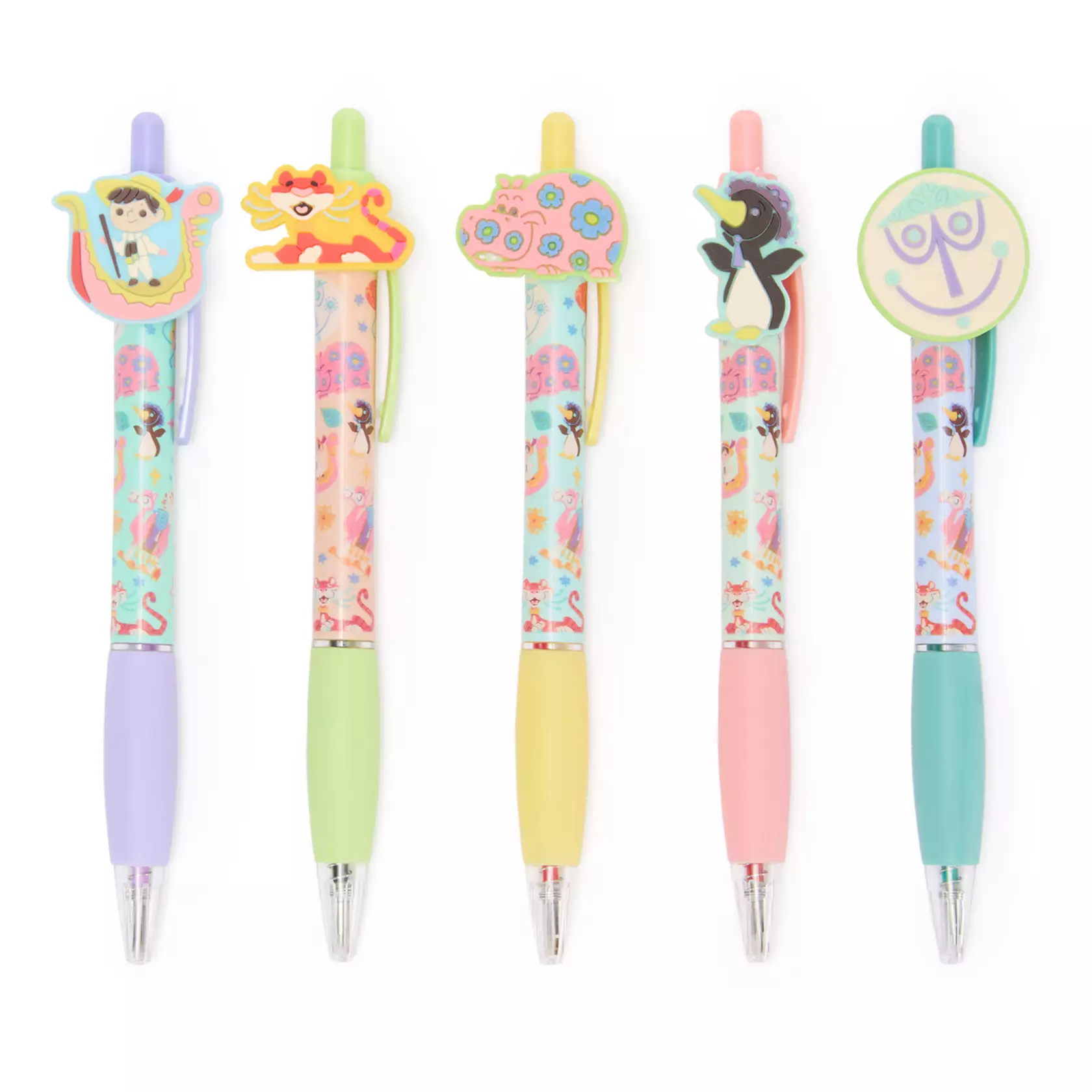 There are five pens in the set. The first has a teal barrel, a purple grip, and a child in a gondola. Second is the tiger on a peach barrel and green grip. Next is the pink hippo. It comes with a light blue barrel and a yellow grip. The penguin is featured on another pen with a pink grip and a light blue barrel. And the clock’s face is on the final pen. It has a purple barrel and a teal grip.
