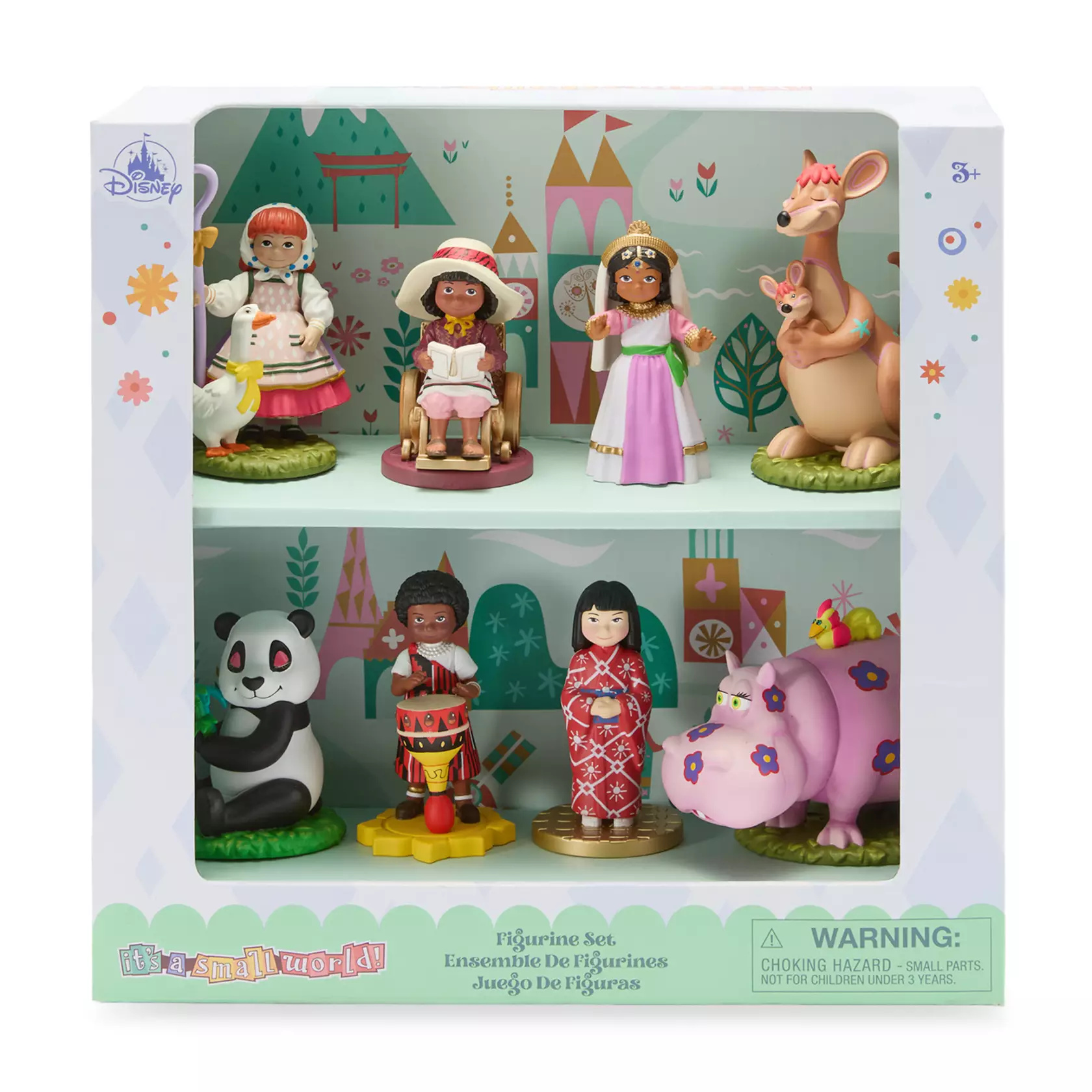 The eight-piece fully-sculpted figurine set includes five children of the world, including Belgium (with a goose), Latin America (with a wheelchair), India, Africa and Japan. It also features three stand-alone animals, including Kangaroo (with a joey), Panda, and Pink Hippo (with a bird).