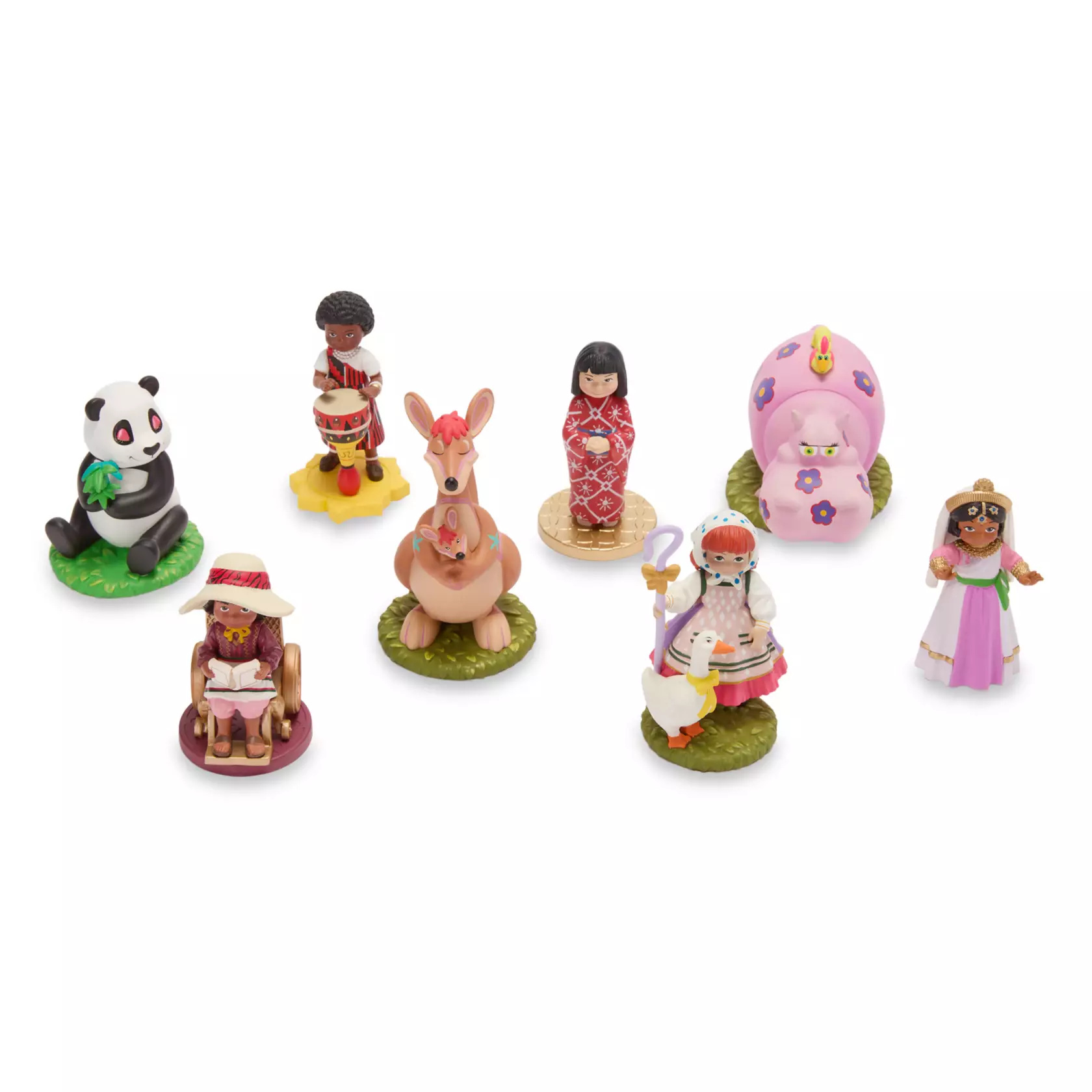 The eight-piece fully-sculpted figurine set includes five children of the world, including Belgium (with a goose), Latin America (with a wheelchair), India, Africa and Japan. It also features three stand-alone animals, including Kangaroo (with a joey), Panda, and Pink Hippo (with a bird).