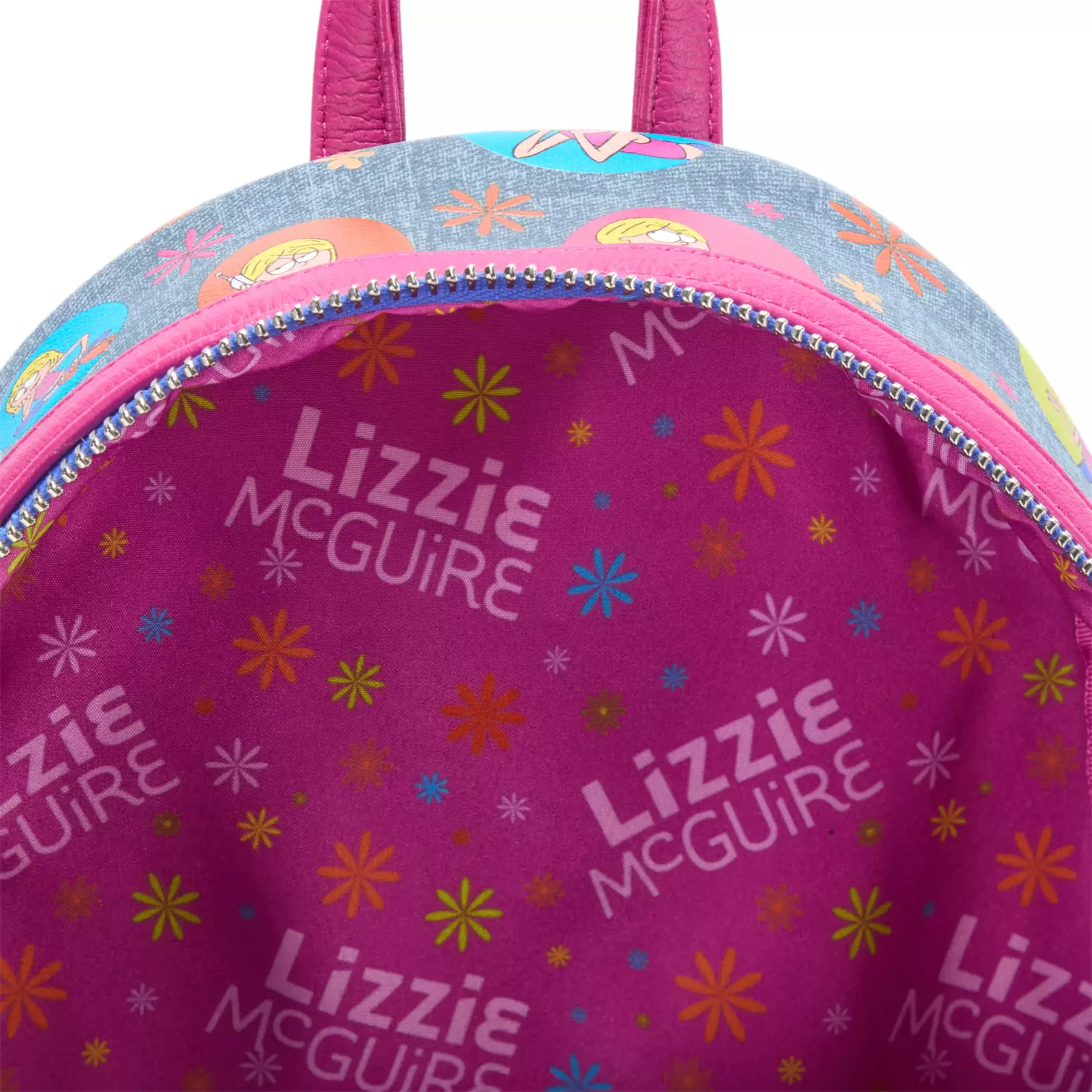 The interior lining is pink with flowers and "Lizzie McGuire" text in an allover pattern.