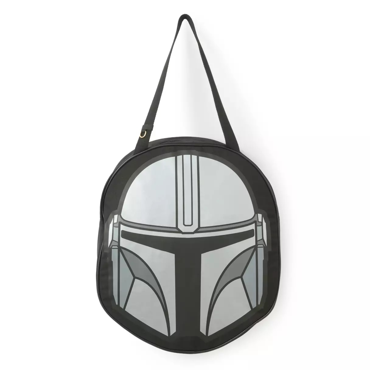 One of Disney's "Big Face" bags, the front of this canvas tote features the Mandalorian's helmet. On the back is screen art of "This is the way" and the film logo. It has a metal D-ring attached to one of the straps for bag charms. It has a zip closure. It's 100% cotton. The bag is about 12" tall and 12" wide.