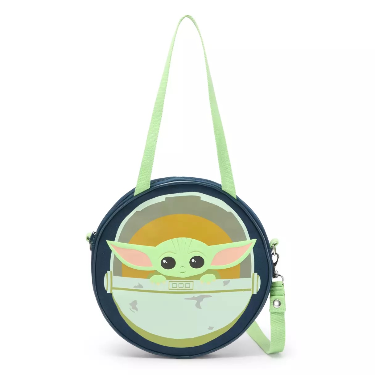 The Grogu tote is also 100% cotton and about the same size. It has two shoulder straps and a detachable shoulder strap. Screen art of Grogu is on the front with puff print details.