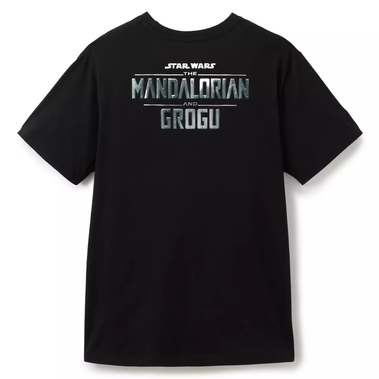The t-shirt is black with the mythosaur skull emblem on the front with a brushed metallic finish. On the back is the logo for Star Wars: The Mandalorian and Grogu. Both the skull and logo are adorned with clear vinyl "rivets."