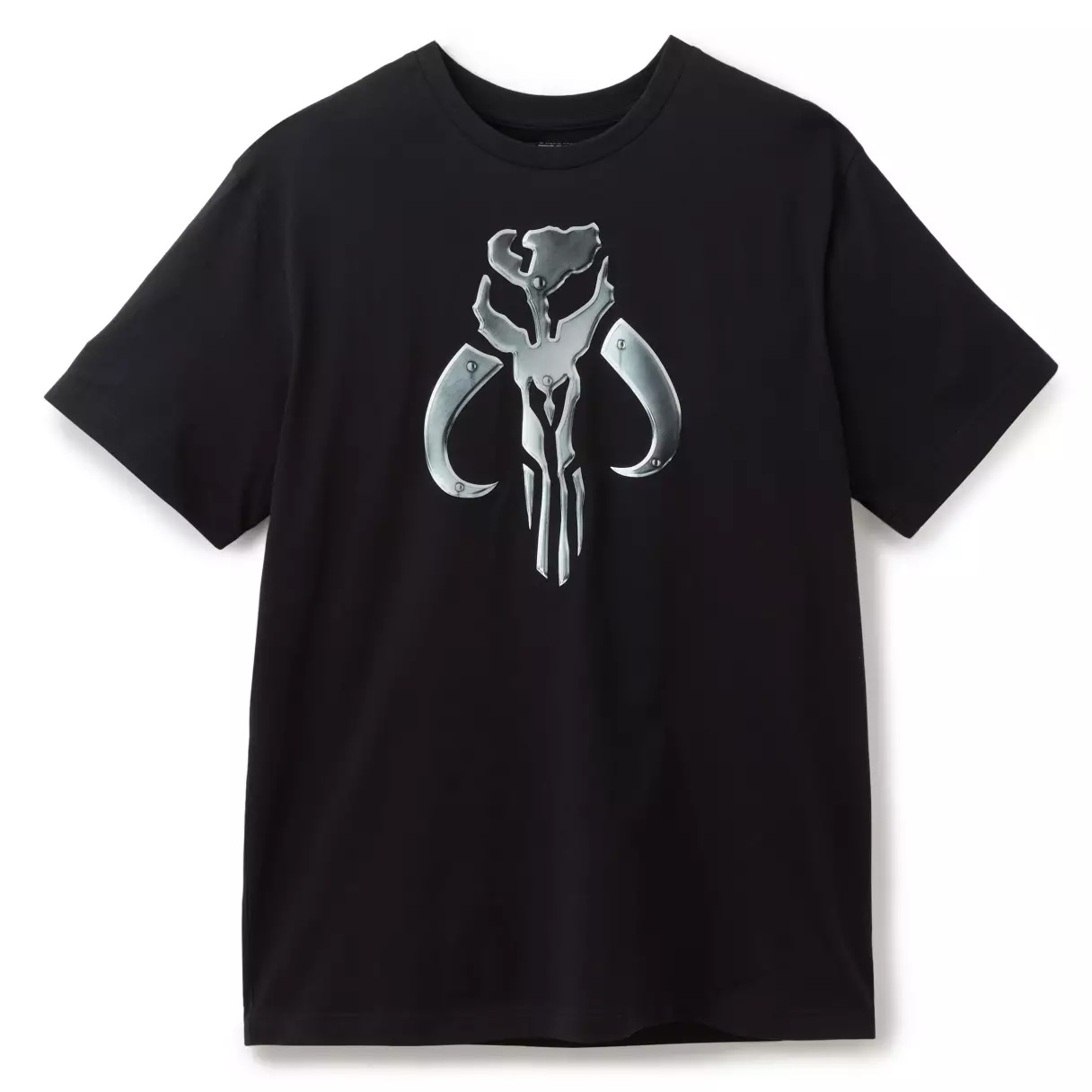 The t-shirt is black with the mythosaur skull emblem on the front with a brushed metallic finish. On the back is the logo for Star Wars: The Mandalorian and Grogu. Both the skull and logo are adorned with clear vinyl "rivets."