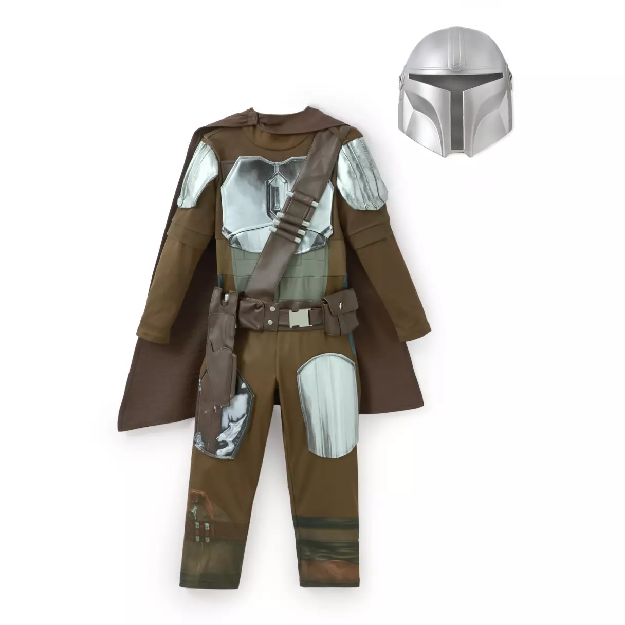 Kids can be the Mandalorian this Halloween (or any time of year) with this set. Includes a bodysuit, belt, cape, and helmet mask. The bodysuit has a simulated suede tunic and metallic simulated leather chest with shoulder armor panels. Velcro closures are on the back.