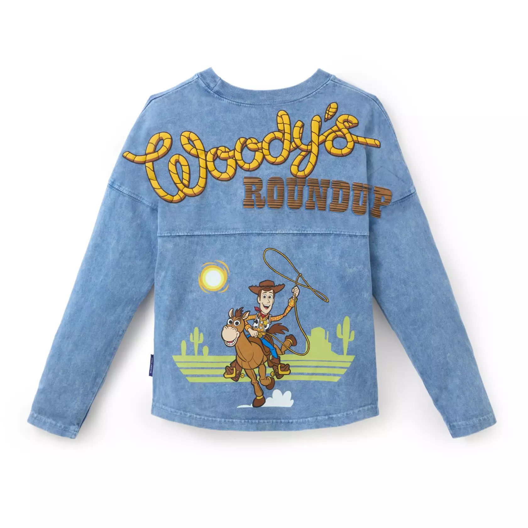 The faux denim-covered Spirit Jersey has a sheriff's badge on the front chest. On the back is a puffy ''Woody's Roundup'' logo across the shoulders and Woody and Bullseye screen art on the midsection.