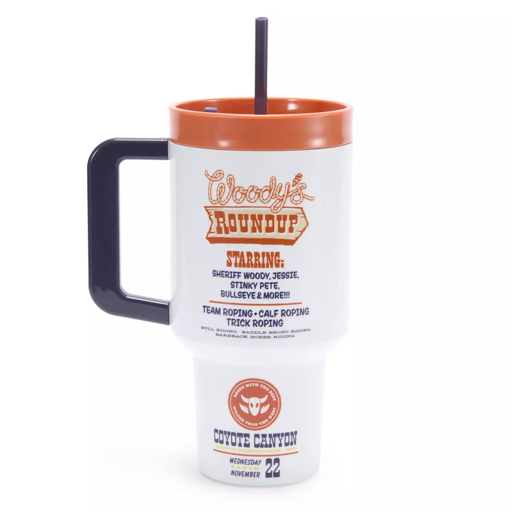 Woody's and Bullseye's appearance in the "Dry Gulch Rodeo" serves as the inspiration for this travel cup. It has the program's stars on the front and the line-up on the back. The cup has a twist off lid and a straw with a ring at the bottom so it won't fall out. It is not microwave or dishwasher safe.