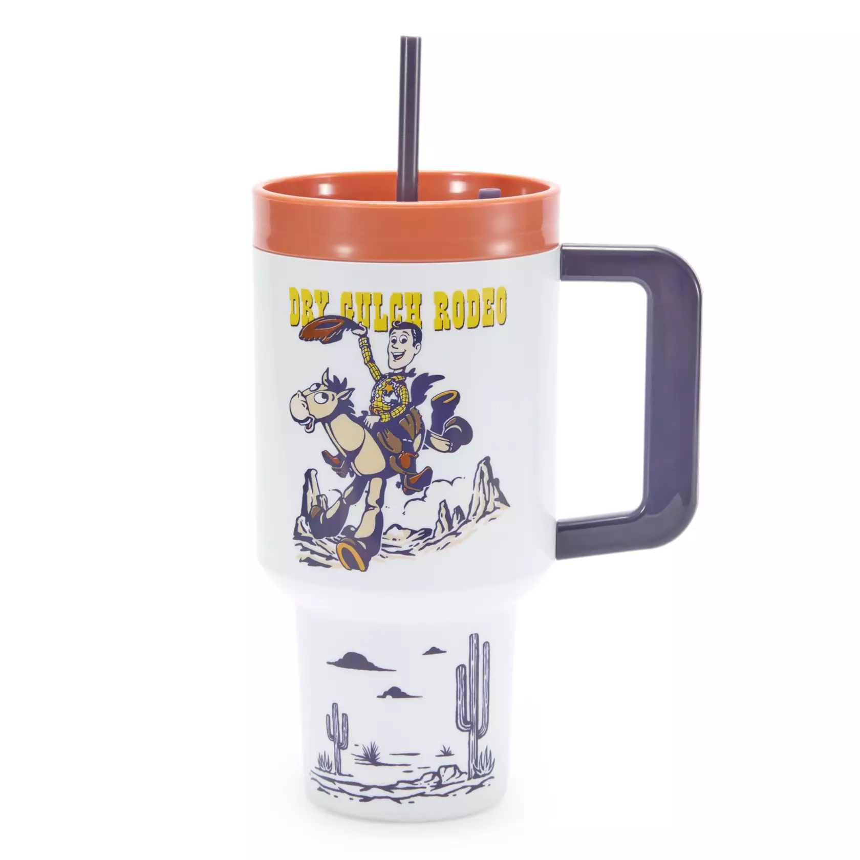 Woody's and Bullseye's appearance in the "Dry Gulch Rodeo" serves as the inspiration for this travel cup. It has the program's stars on the front and the line-up on the back. The cup has a twist off lid and a straw with a ring at the bottom so it won't fall out. It is not microwave or dishwasher safe.