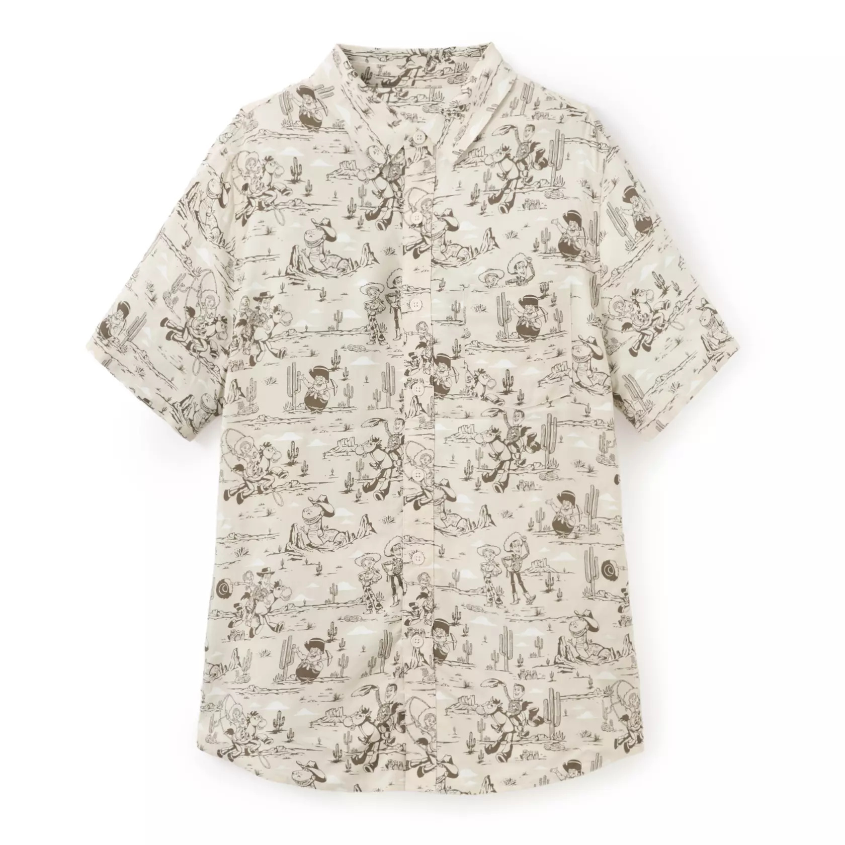 This off-white button down shirt has an allover print pattern featuring the Woody's Roundup cast of western characters from Toy Story, including Woody, Jessie, Bullseye, Stinky Pete, and Rex.