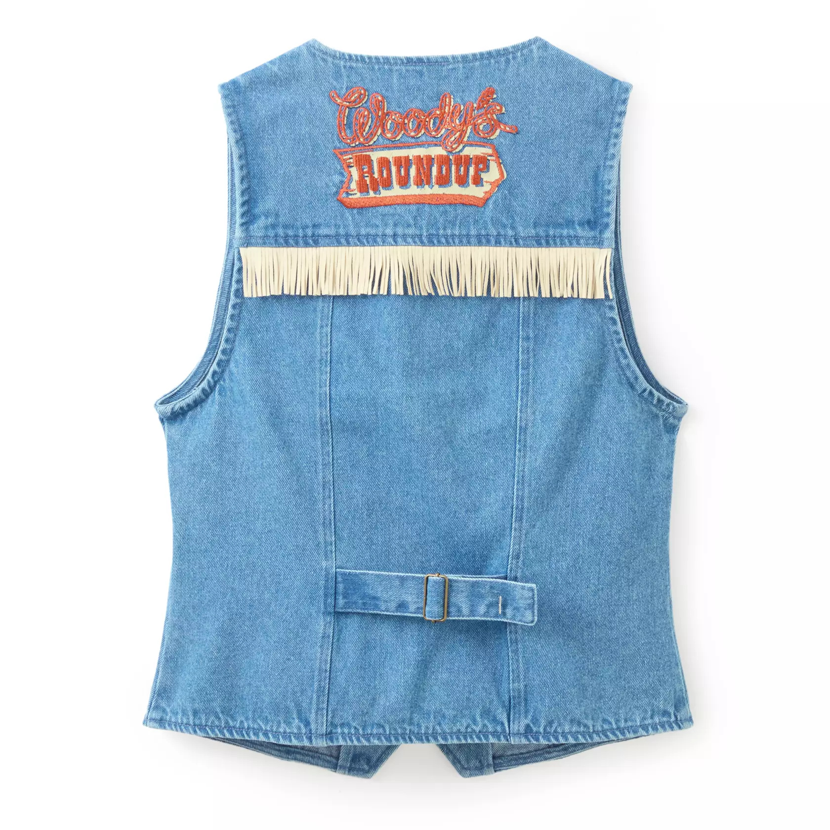 On the front of this denim vest are embroidered Woody and Jessie appliqués, as well as desert scenery. The buttons have sheriff badges on them. The back has fringe details and embroidered ''Woody's Roundup'' text and an adjustable buckle strap to ensure a proper fit.