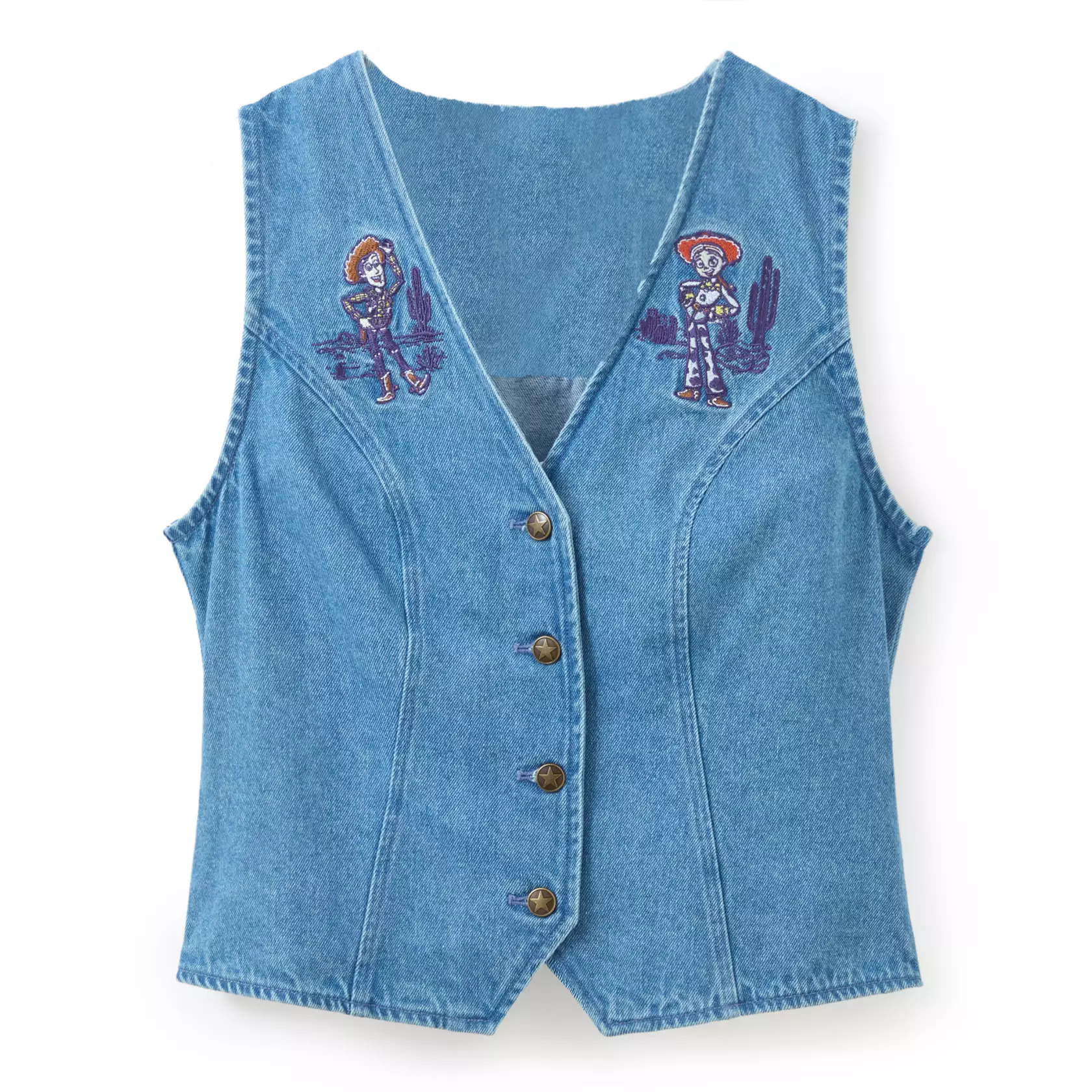 On the front of this denim vest are embroidered Woody and Jessie appliqués, as well as desert scenery. The buttons have sheriff badges on them. The back has fringe details and embroidered ''Woody's Roundup'' text and an adjustable buckle strap to ensure a proper fit.