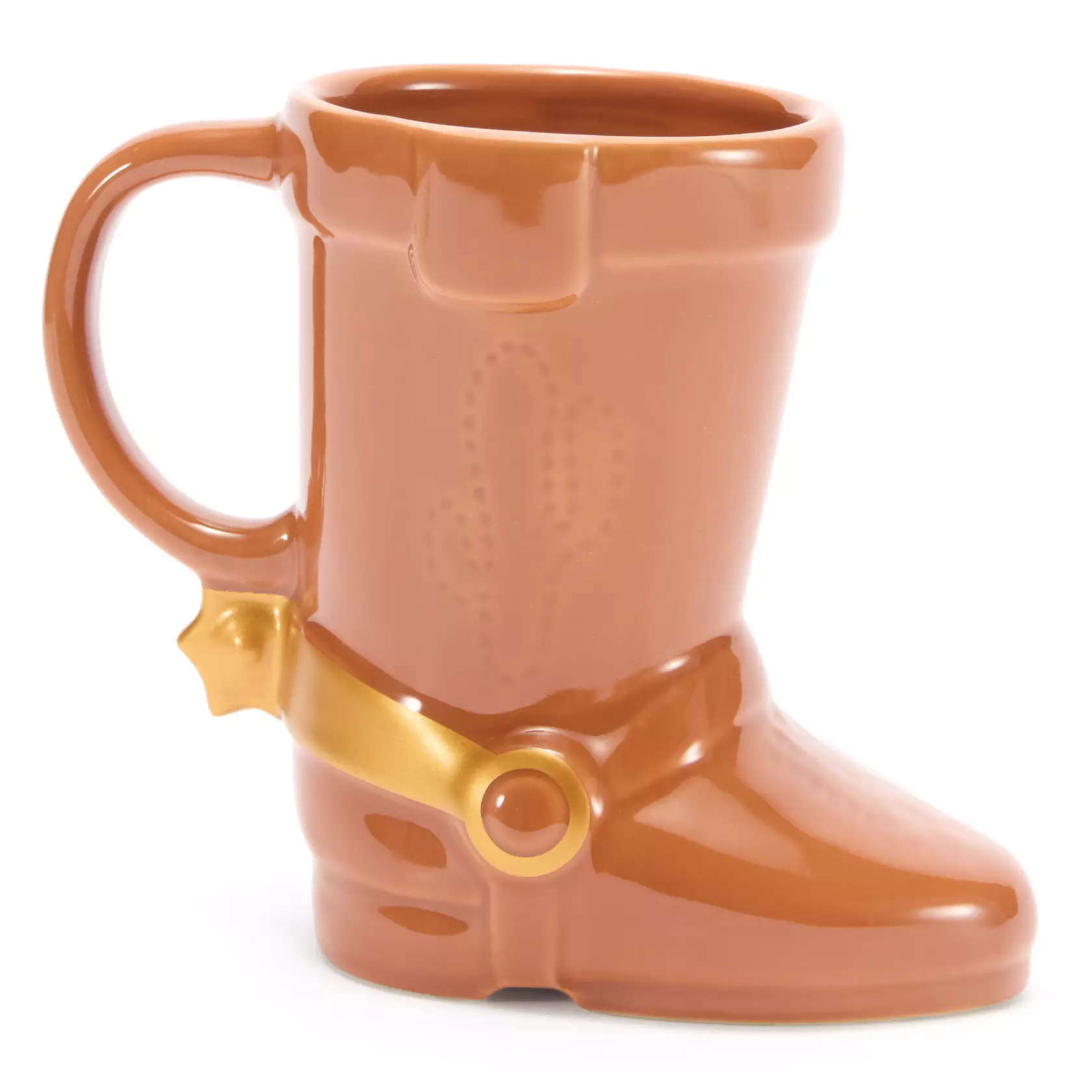 Woody's sculpted ceramic mug is in the form of his iconic boot with golden spurs and ''stitched'' cactus insignia. The gloss glaze mug holds 14 ounces of hot beverages. It is dishwasher safe but not microwave safe.