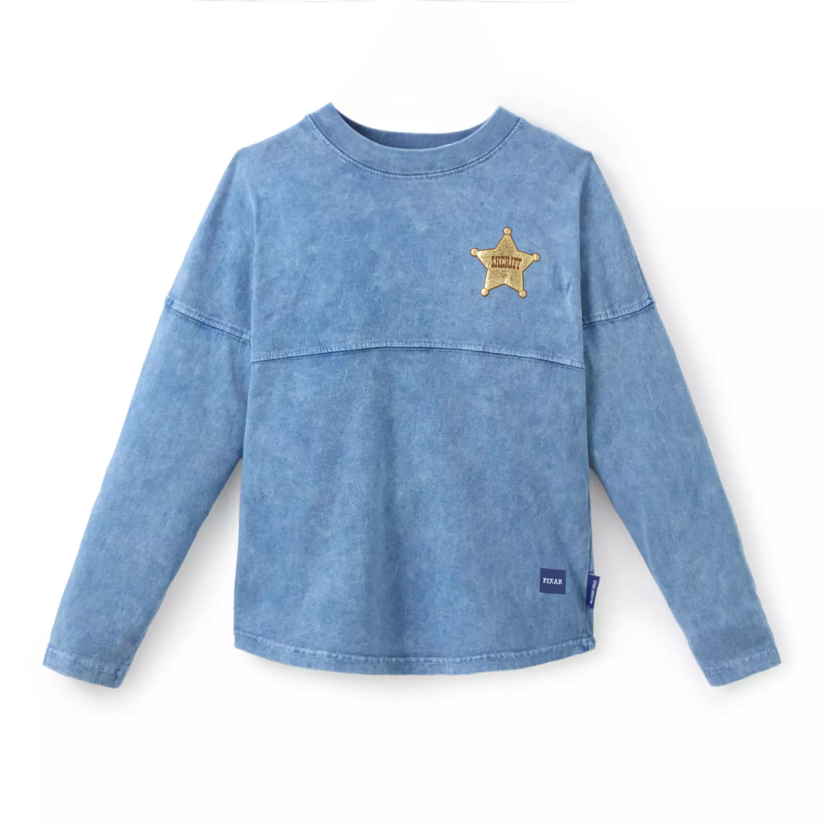 The faux denim-covered Spirit Jersey has a sheriff's badge on the front chest. On the back is a puffy ''Woody's Roundup'' logo across the shoulders and Woody and Bullseye screen art on the midsection.