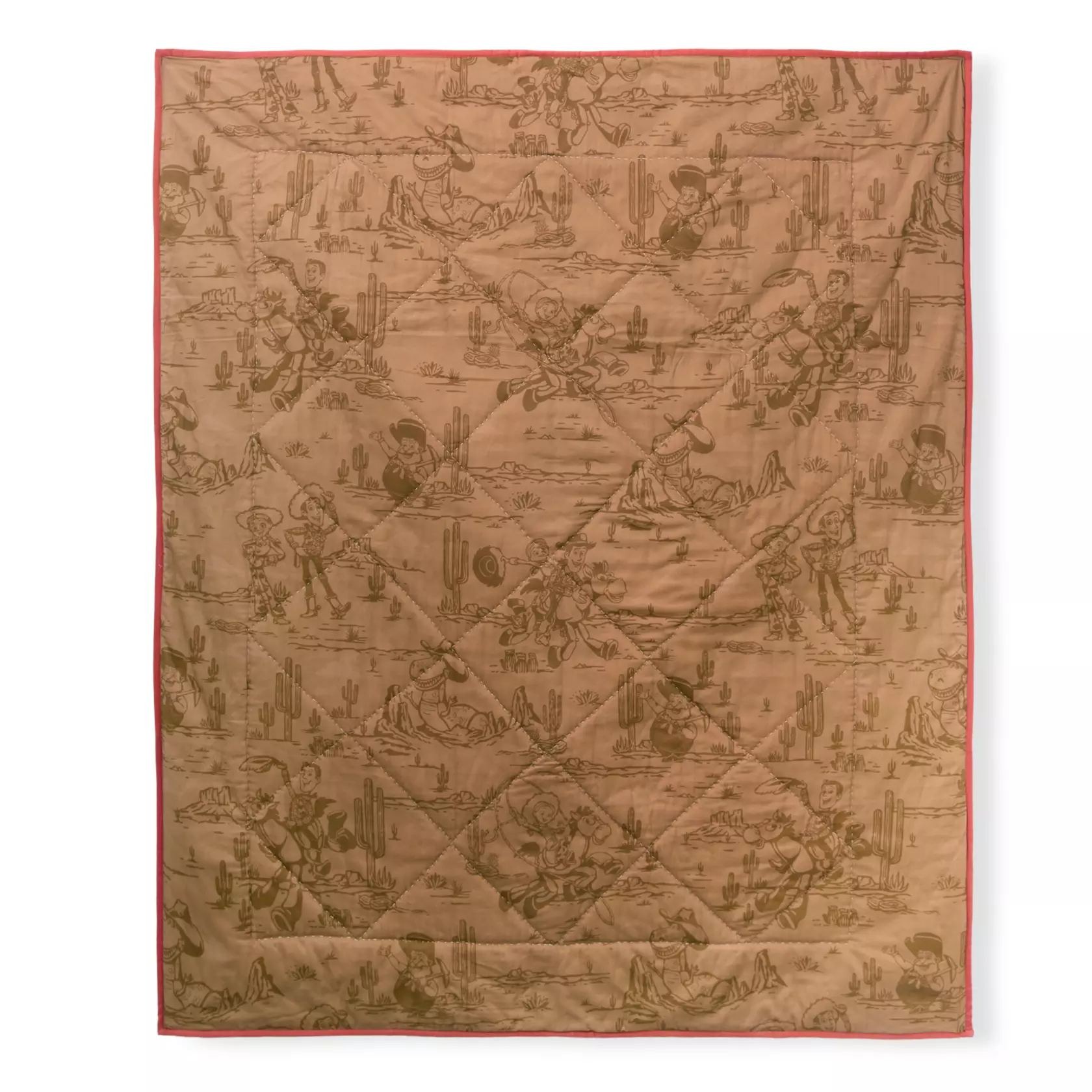 The double-sided quilted cotton design has yellow and white stitched squares on one side featuring Woody, Jessie, Bullseye, Stinky Pete, Aliens, and Rex who's wearing a cowboy hat. The brown edging has a coiled rope pattern. On the reverse side is allover screen art similar to other items in the collection.