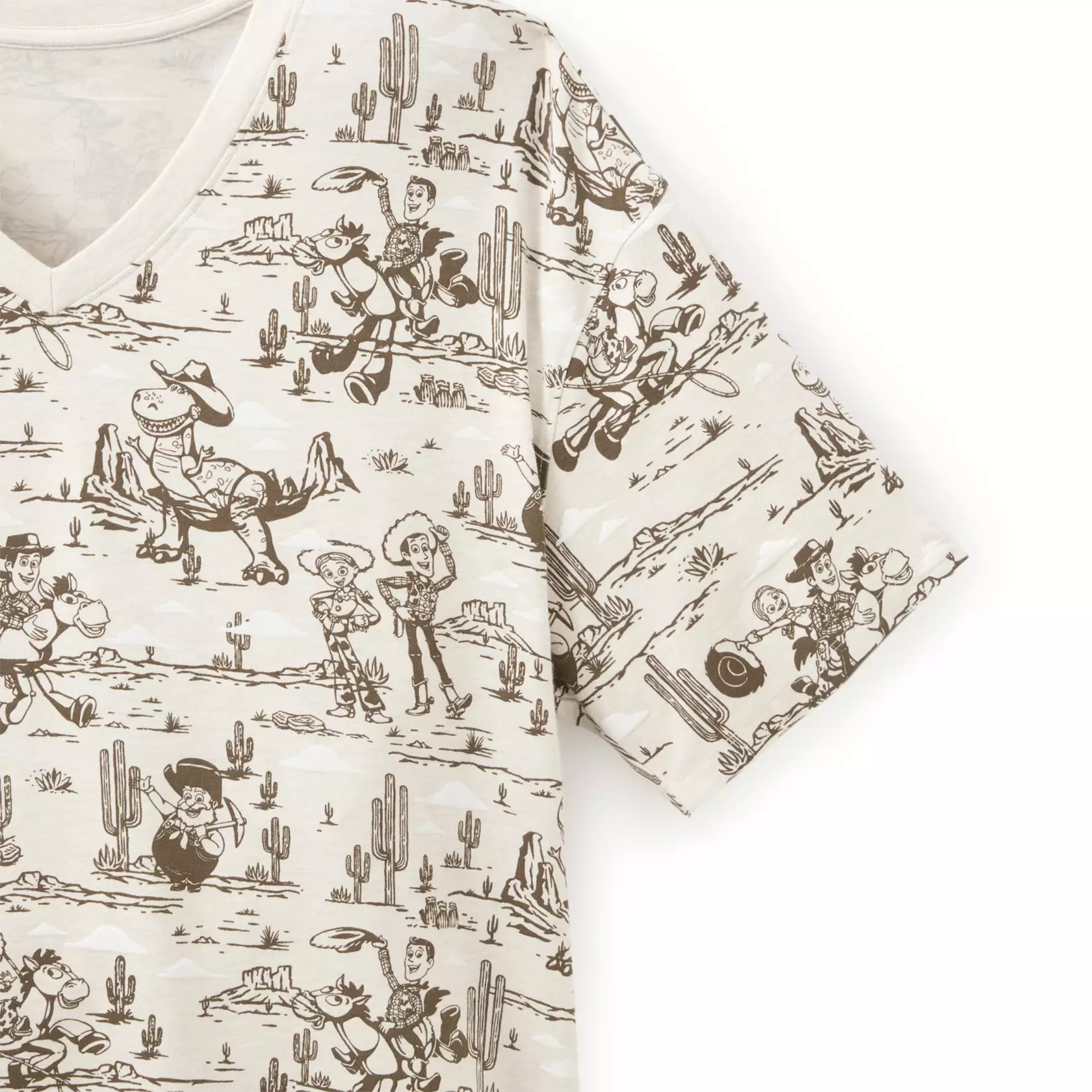 The V-neck T-shirt for women has the same allover print as the button down shirt. Woody, Jessie, Bullseye, Stinky Pete, and Rex are featured.