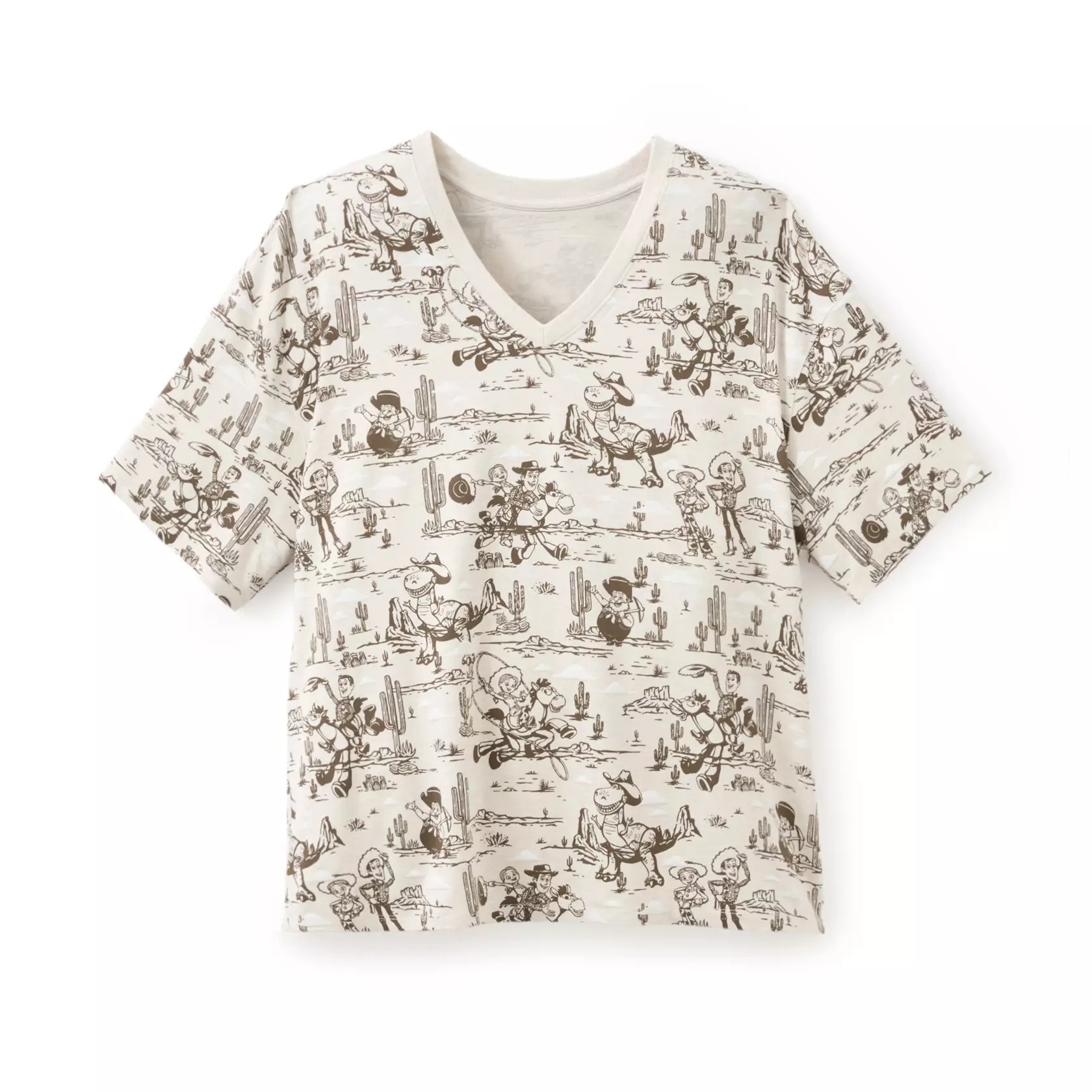 The V-neck T-shirt for women has the same allover print as the button down shirt. Woody, Jessie, Bullseye, Stinky Pete, and Rex are featured.