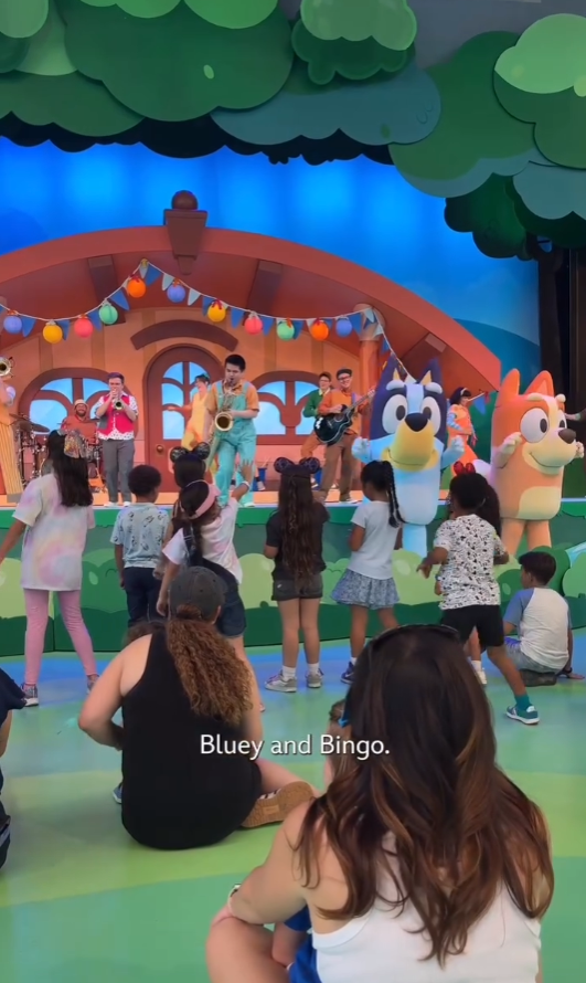 Bluey and Bingo on stage with a band and a live audience.