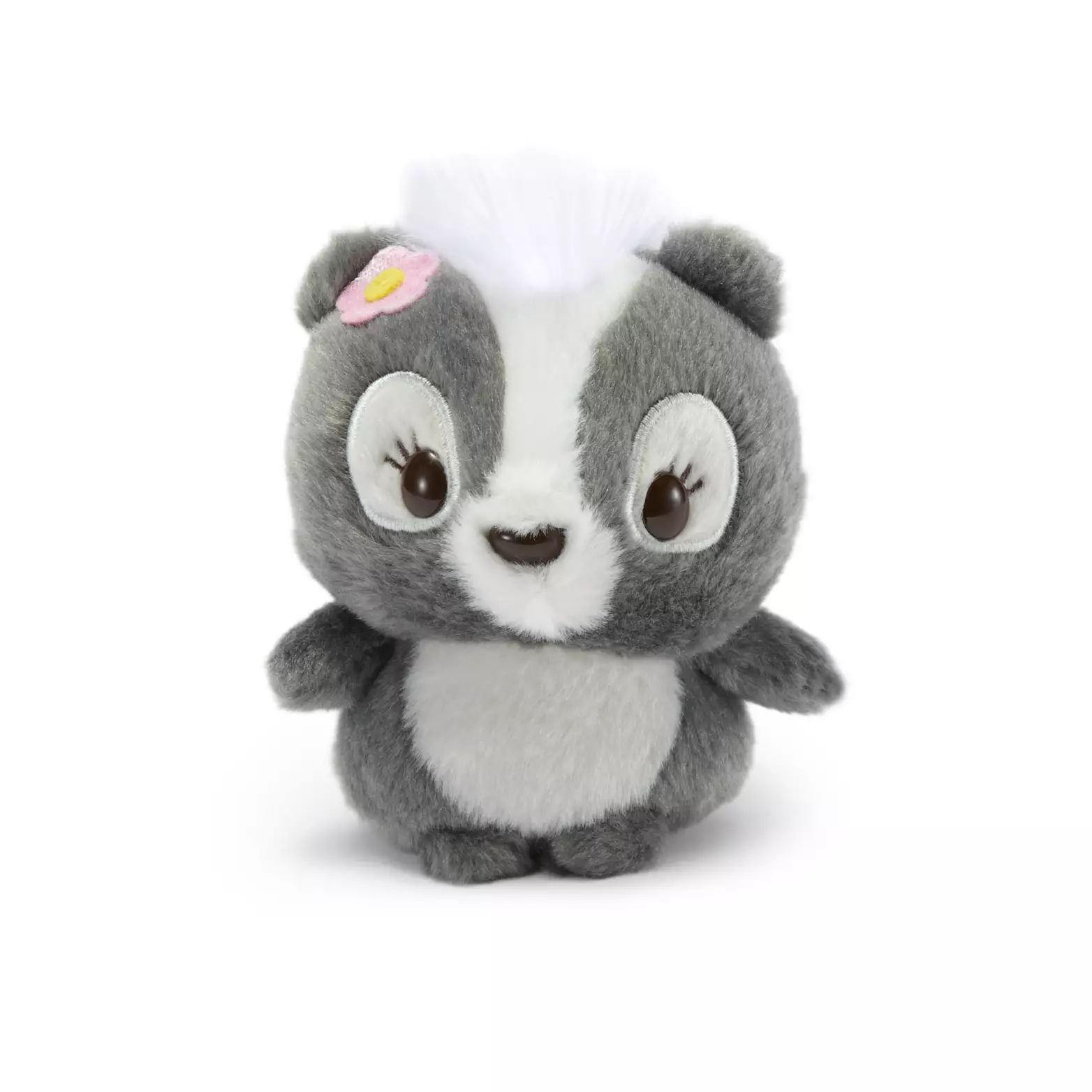 Finally, Flower is a soft black plush with light grey or white fur details. He has a tuft of bright white fluff on the top of his head and around his snout. His nose and eyes are 3D appliques with embroidered eyelashes. Like Miss Bunny, Flower has a small pink flower by his right ear.