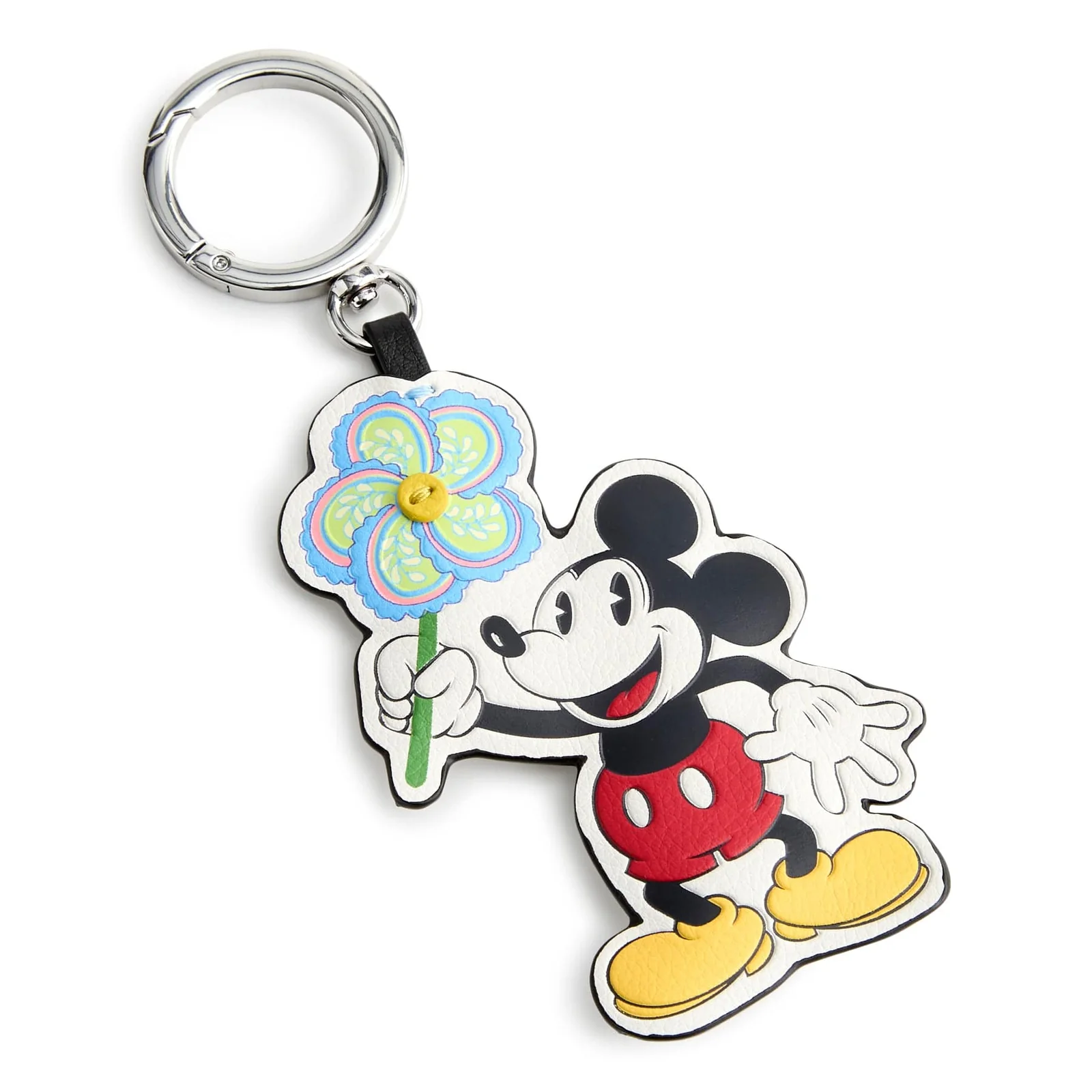 Mickey is seen holding a colorful, pastel pinwheel on this figural bag charm. A tiny, yellow button is sewn into the center of the pinwheel.