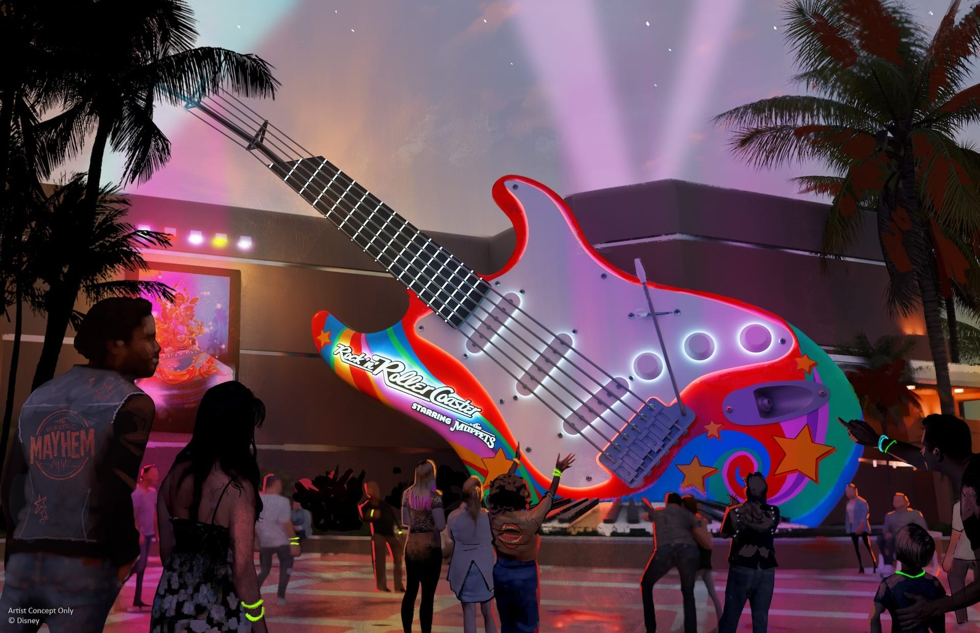 Above is a photo of Rock ‘n’ Roller Coaster Starring Aerosmith before it closed, and the concept art for Rock ‘n’ Roller Coaster Starring The Muppets. The Aerosmith poster will be replaced by a similar Muppets poster. The piano motif will gain a gold key, inspired by Dr. Teeth of The Electric Mayhem.