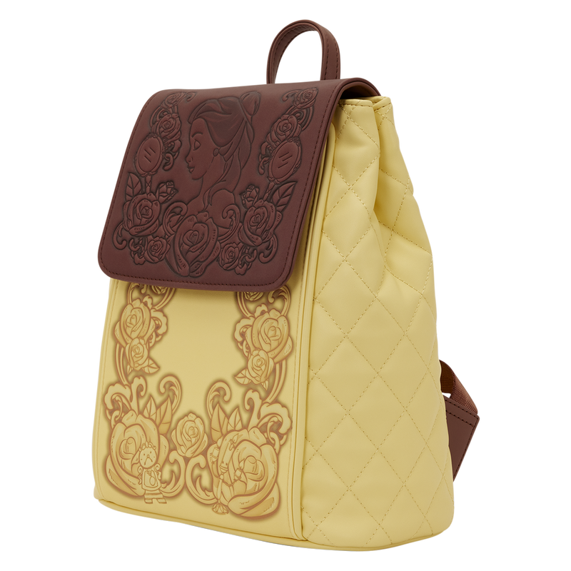 Side of Loungefly Princess Belle Quilted Bucket Backpack.