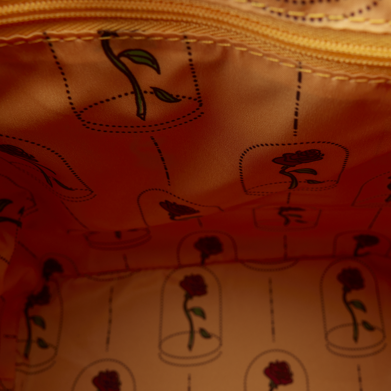 Inside of Loungefly Princess Belle Quilted Bucket Backpack.
