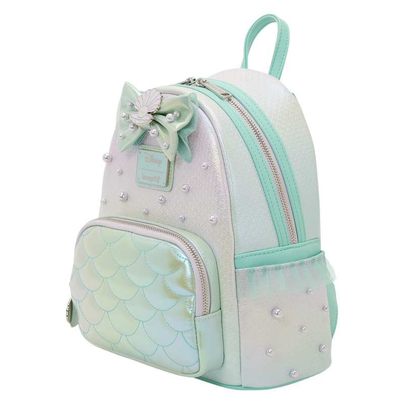 The shoulder straps and top handle are teal green. The bag is about 9" wide, 10.5" tall, and 4.5" deep.