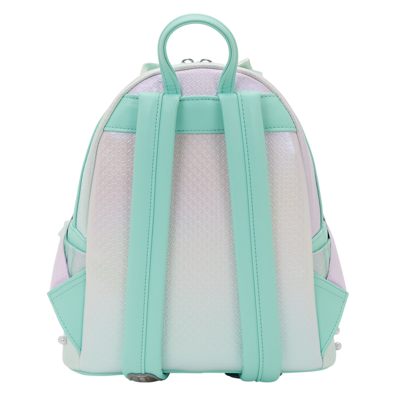 The shoulder straps and top handle are teal green. The bag is about 9" wide, 10.5" tall, and 4.5" deep.